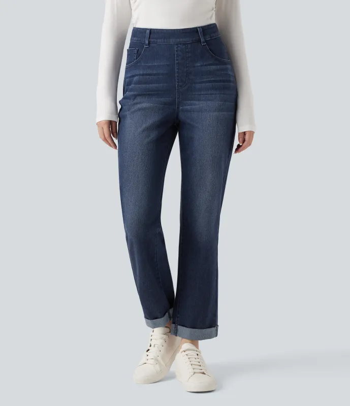 Halara Jeans ajustados casuales Halara Flex™ de tiro alto con dobladillo enrollado y bolsillos  - Pageant Blue Denim - M(petite) made by Halara