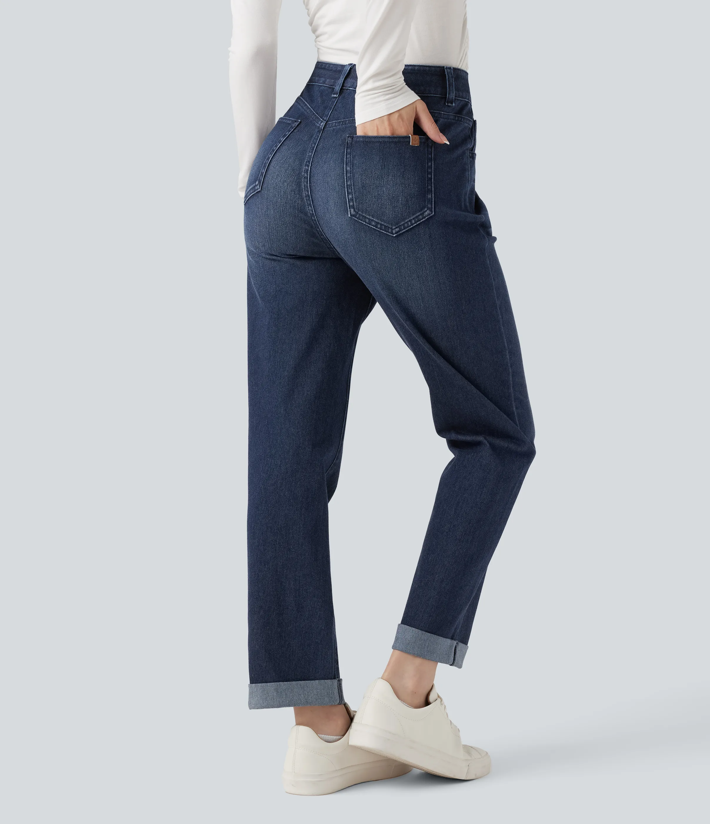 Halara Jeans ajustados casuales Halara Flex™ de tiro alto con dobladillo enrollado y bolsillos - Pageant Blue Denim - M(petite) sold by Halara product image thumbnail 3