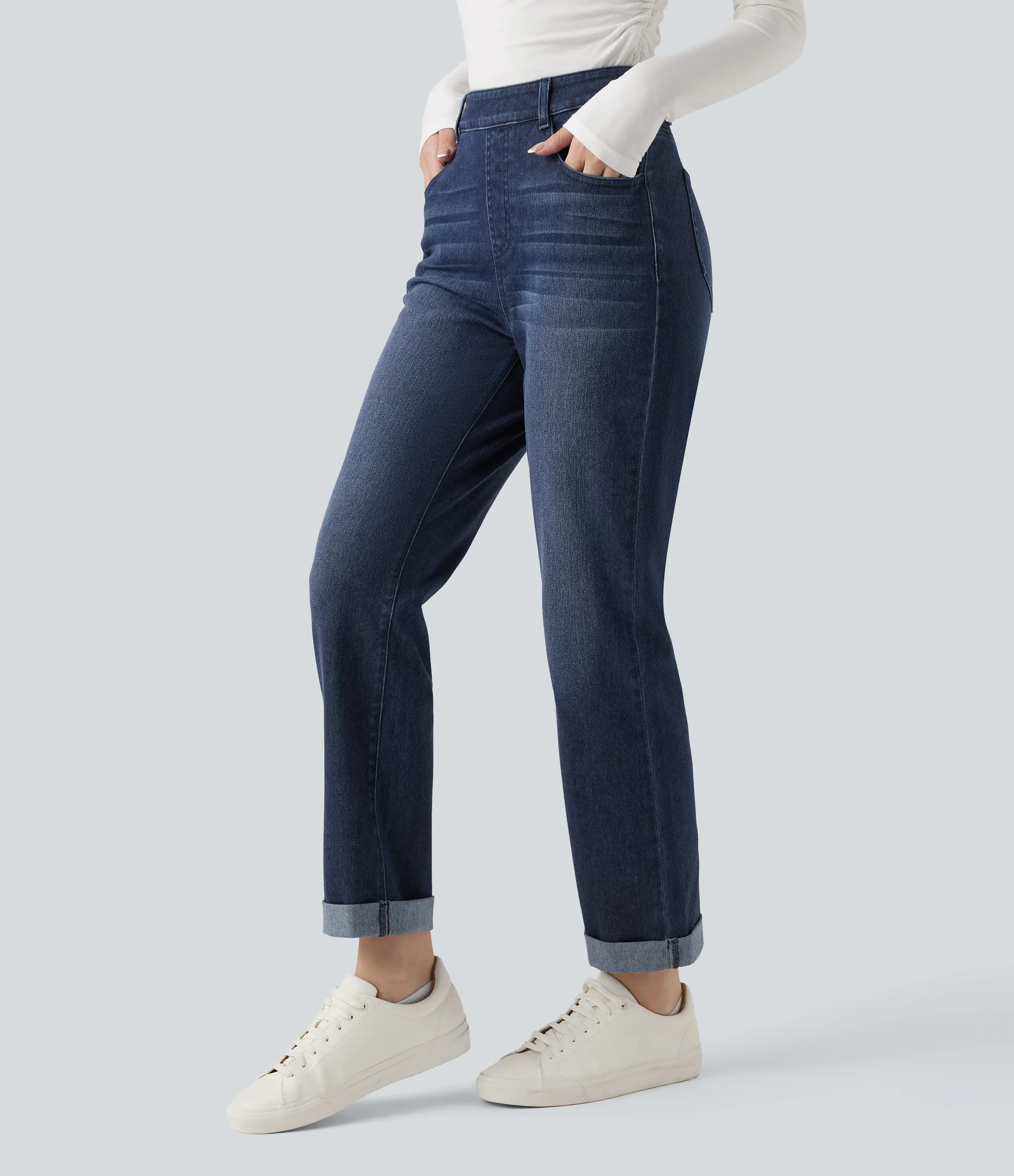 Halara Jeans ajustados casuales Halara Flex™ de tiro alto con dobladillo enrollado y bolsillos - Pageant Blue Denim - M(petite) sold by Halara product image thumbnail 4