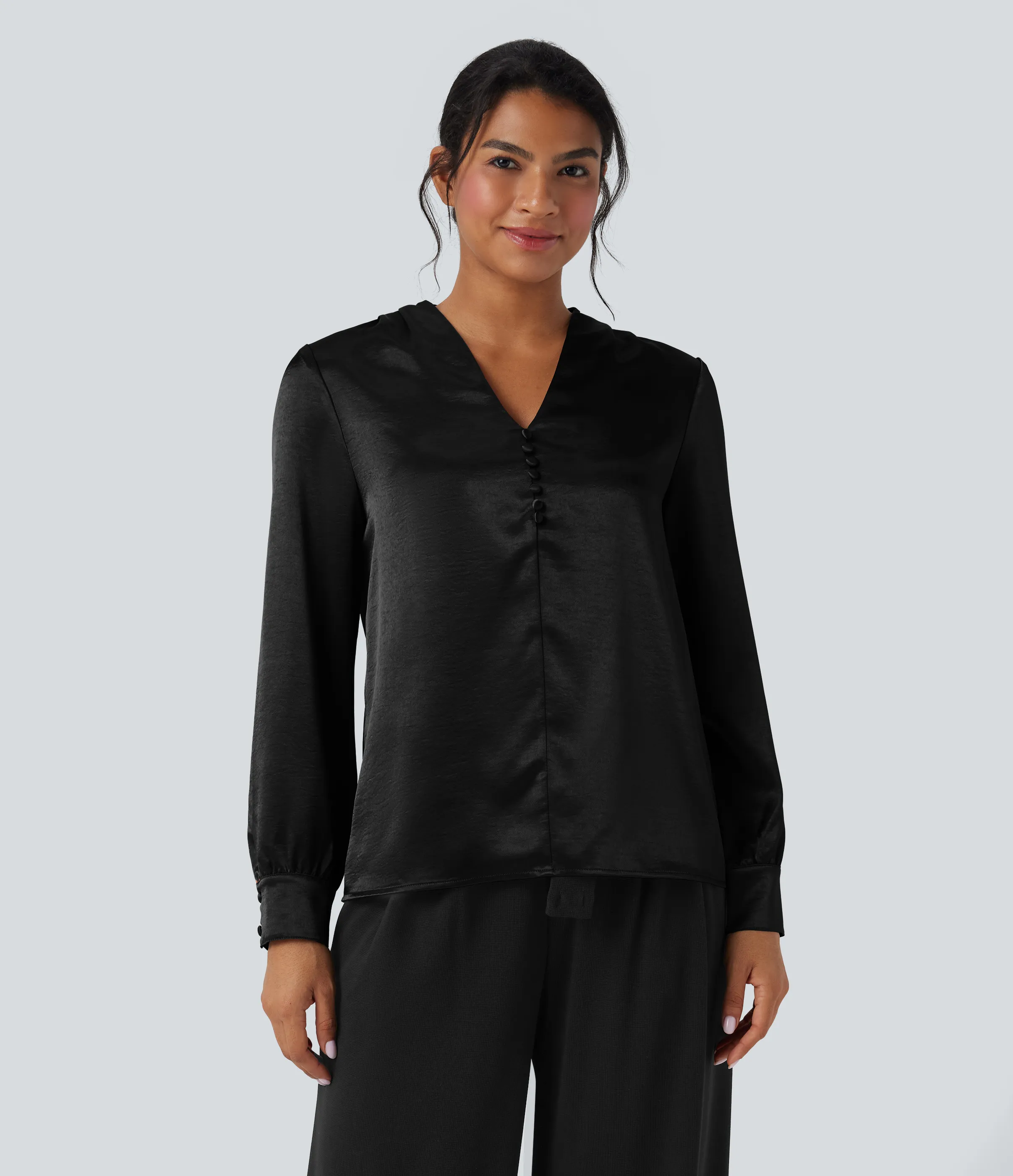 Halara Blusa de oficina de satén de manga larga con cuello en V - Black - L sold by Halara product image thumbnail 5