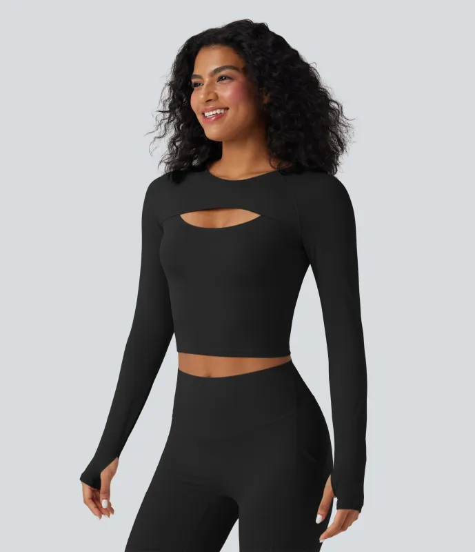 Halara Top deportivo de yoga corto SoftlyZero™ de manga larga con abertura para el pulgar de secado rápido - Black - XS made by Halara