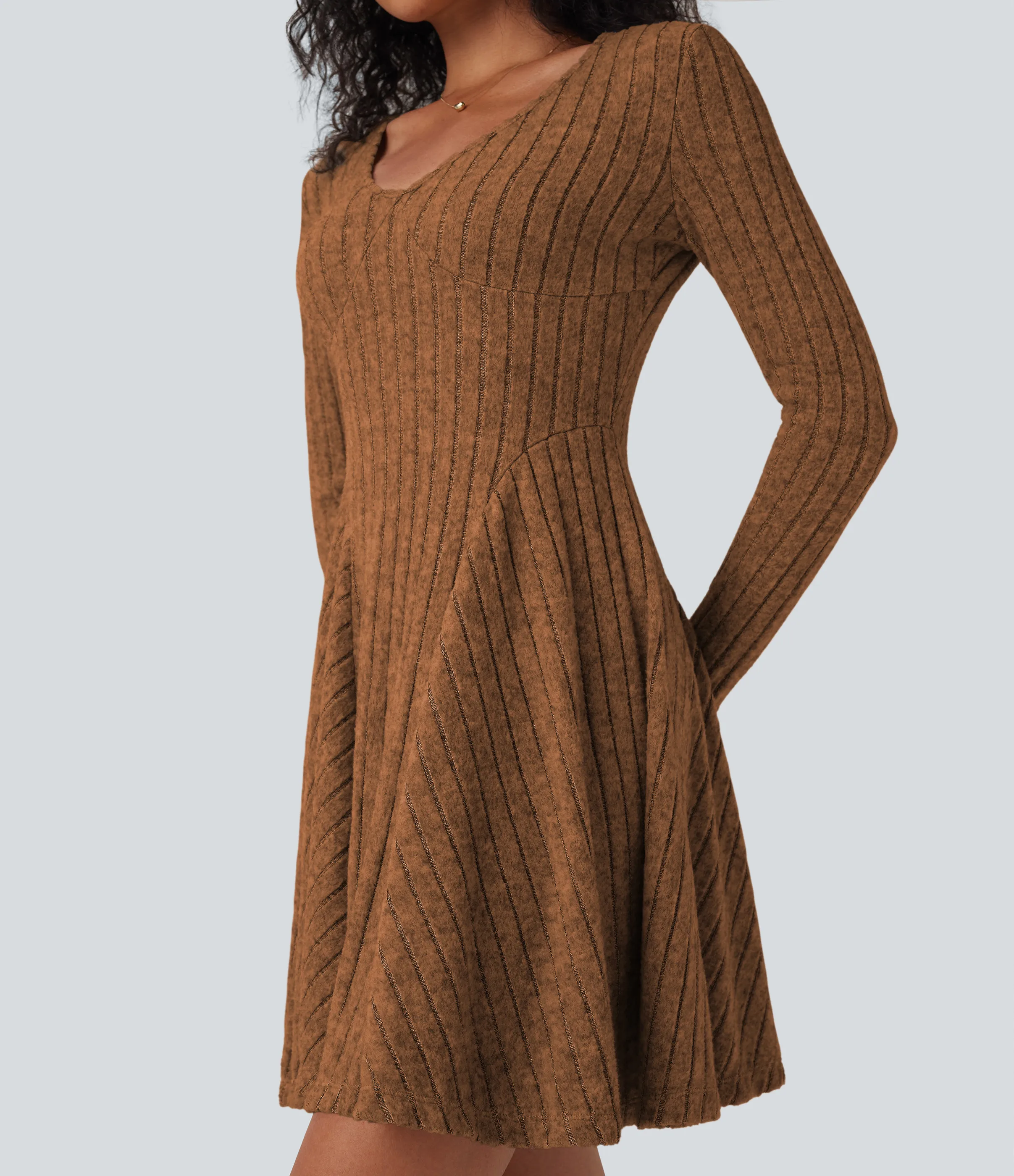 Halara Vestido mini casual acampanado de punto acanalado con cuello en V y manga larga - Orange Floral Velvet - M sold by Halara product image thumbnail 5