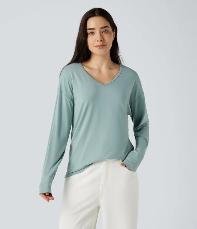 Halara Top casual de manga larga con cuello en V - Oil Blue - M made by Halara