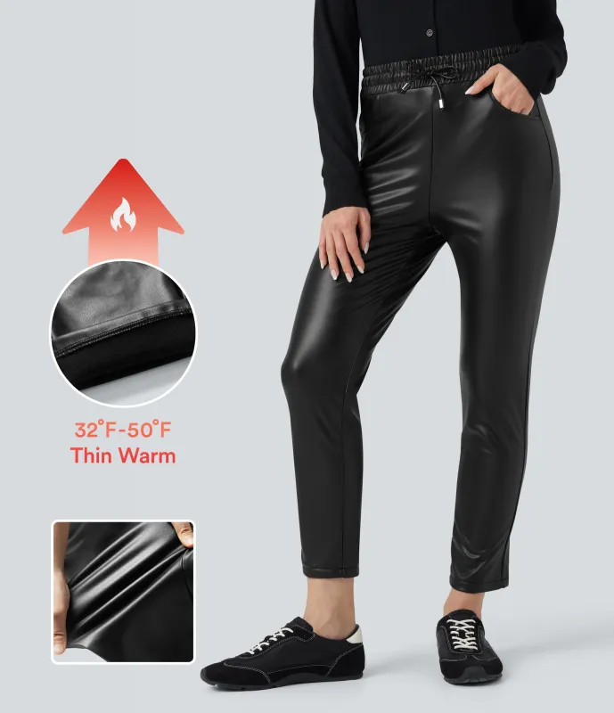 Halara Pantalones casuales elásticos de tiro alto con polar PU, cordón y bolsillos en largo7/8 - Black - L(regular) made by Halara