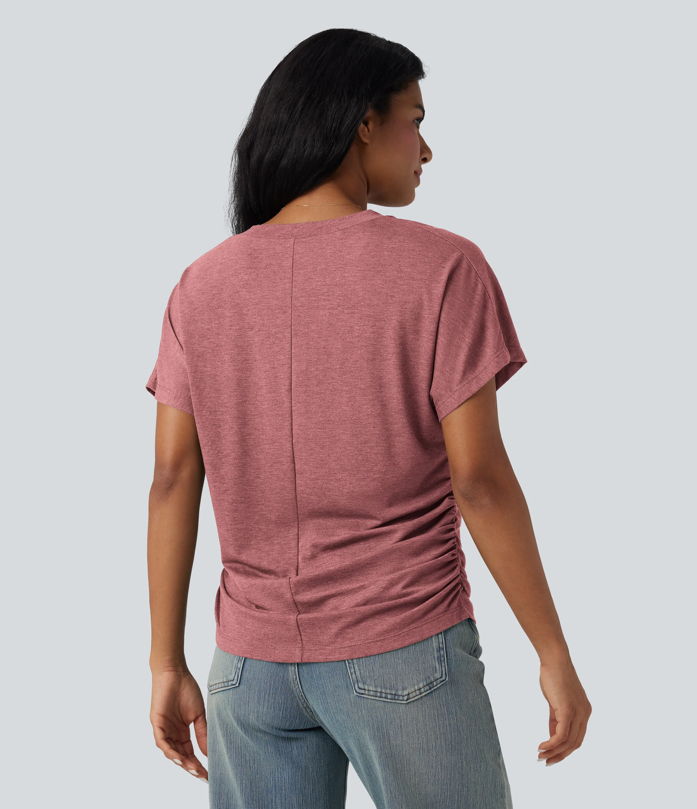 Halara Top casual holgado de manga corta con cuello en V y fruncido - Brick Red Mix - XL sold by Halara product image thumbnail 3