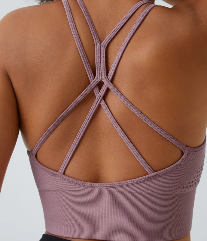 Halara Brasier deportivo Seamless Flow de sujeción baja, fruncido y tirantes dobles en copas D-F - Lilac Blush - L made by Halara