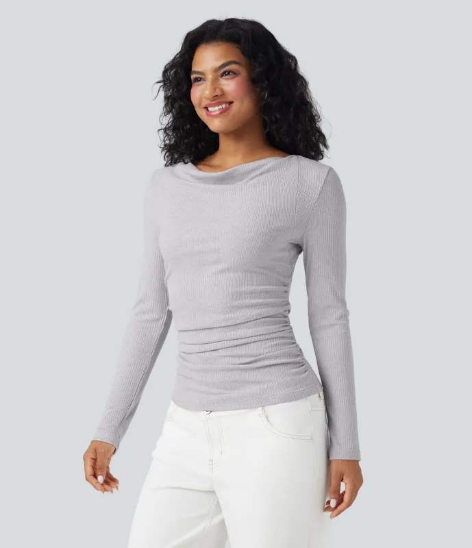 Halara Top casual fruncido de manga larga con cuello vuelto y punto acanalado - Lilac Cream - XL made by Halara
