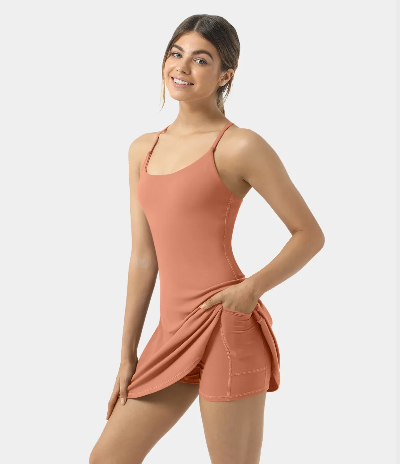 Halara Vestido deportivo SoftlyZero™ Plush afelpado sin espalda en copas D-F - Sun Baked - S sold by Halara