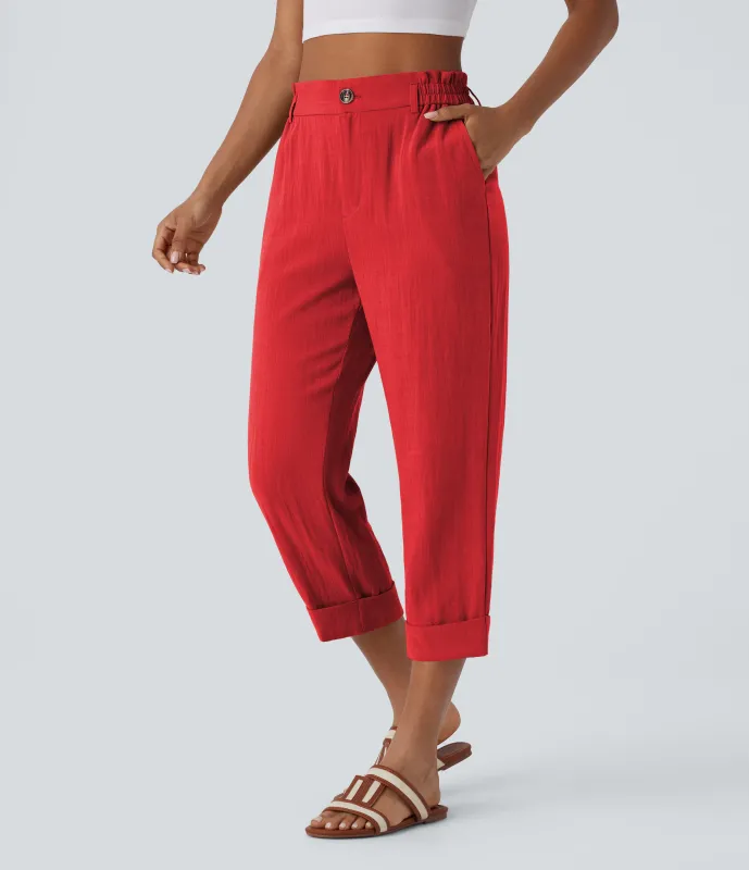 Halara Pantalón capri lino tiro alto bolsillo lateral cremallera botón - High Risk Red - XL(regular) made by Halara