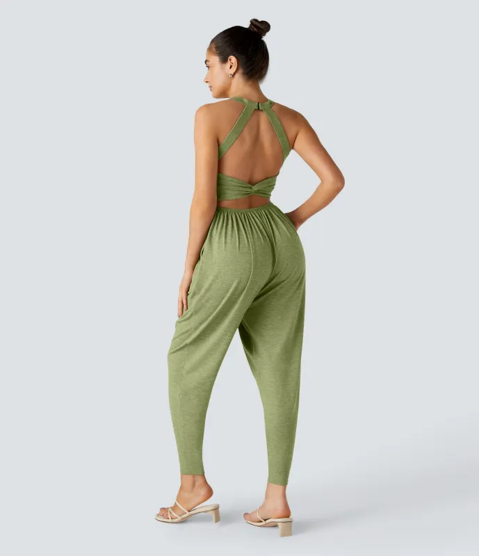 Halara Mono harén bolsillo lateral cuello U torcido sin espalda - Spring Green Floral Yarn - L(regular) made by Halara