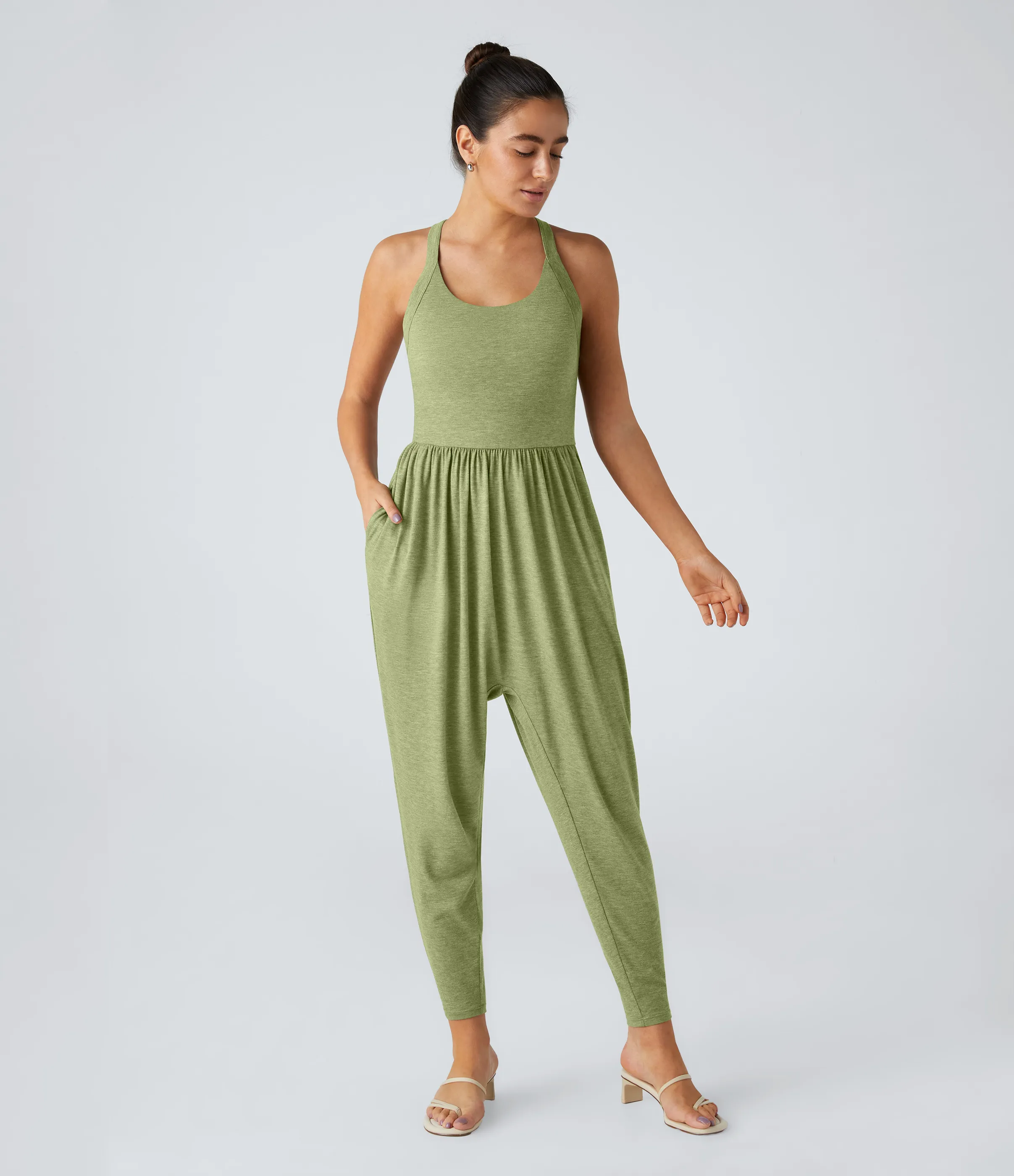 Halara Mono harén bolsillo lateral cuello U torcido sin espalda - Spring Green Floral Yarn - L(regular) sold by Halara product image thumbnail 3