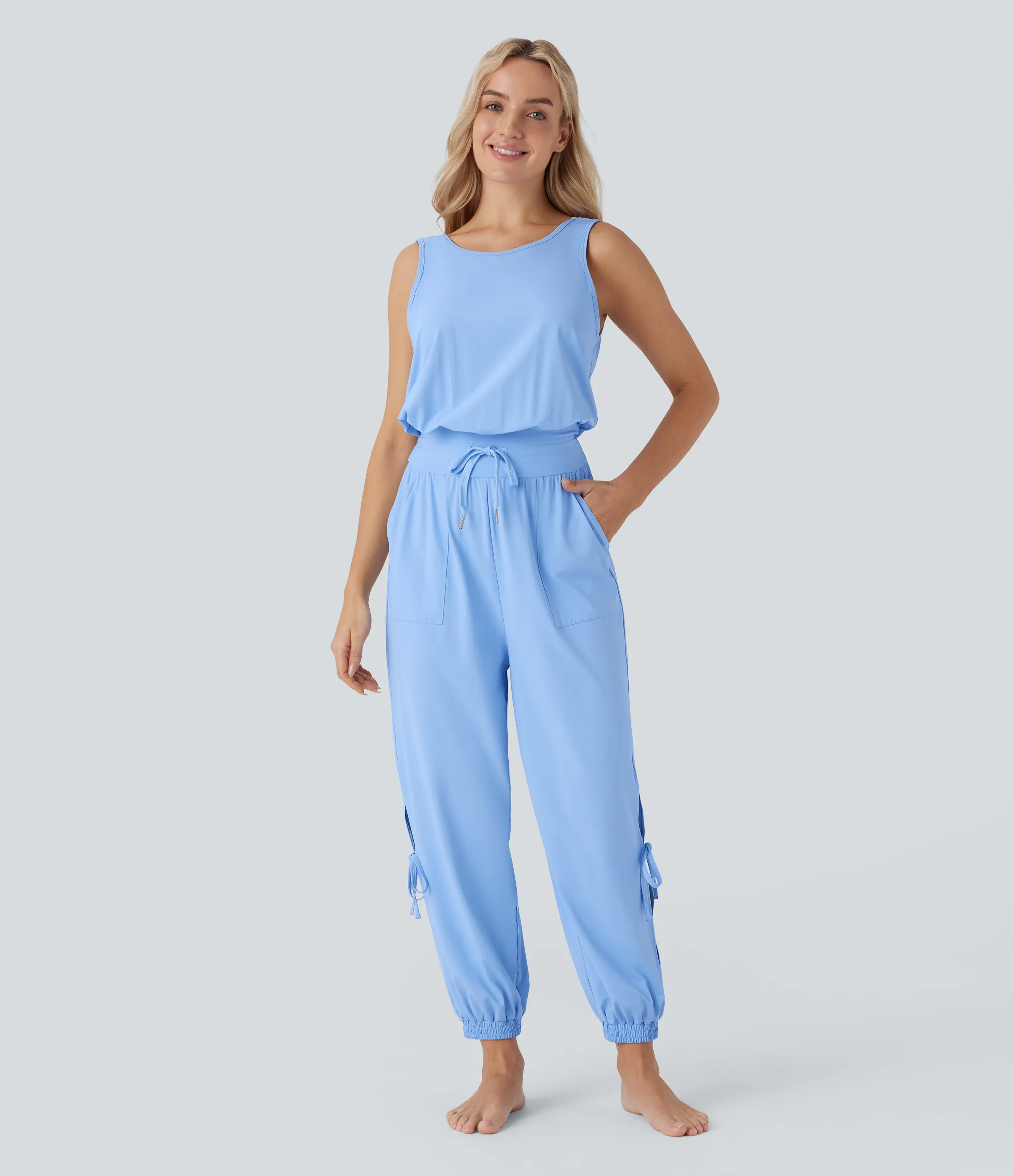 Halara Jumpsuit de yoga sin mangas con espalda descubierta, cordón ajustable y bolsillos laterales de tacto fresco - UPF50+ - Sky Blue - M(regular) sold by Halara product image thumbnail 3