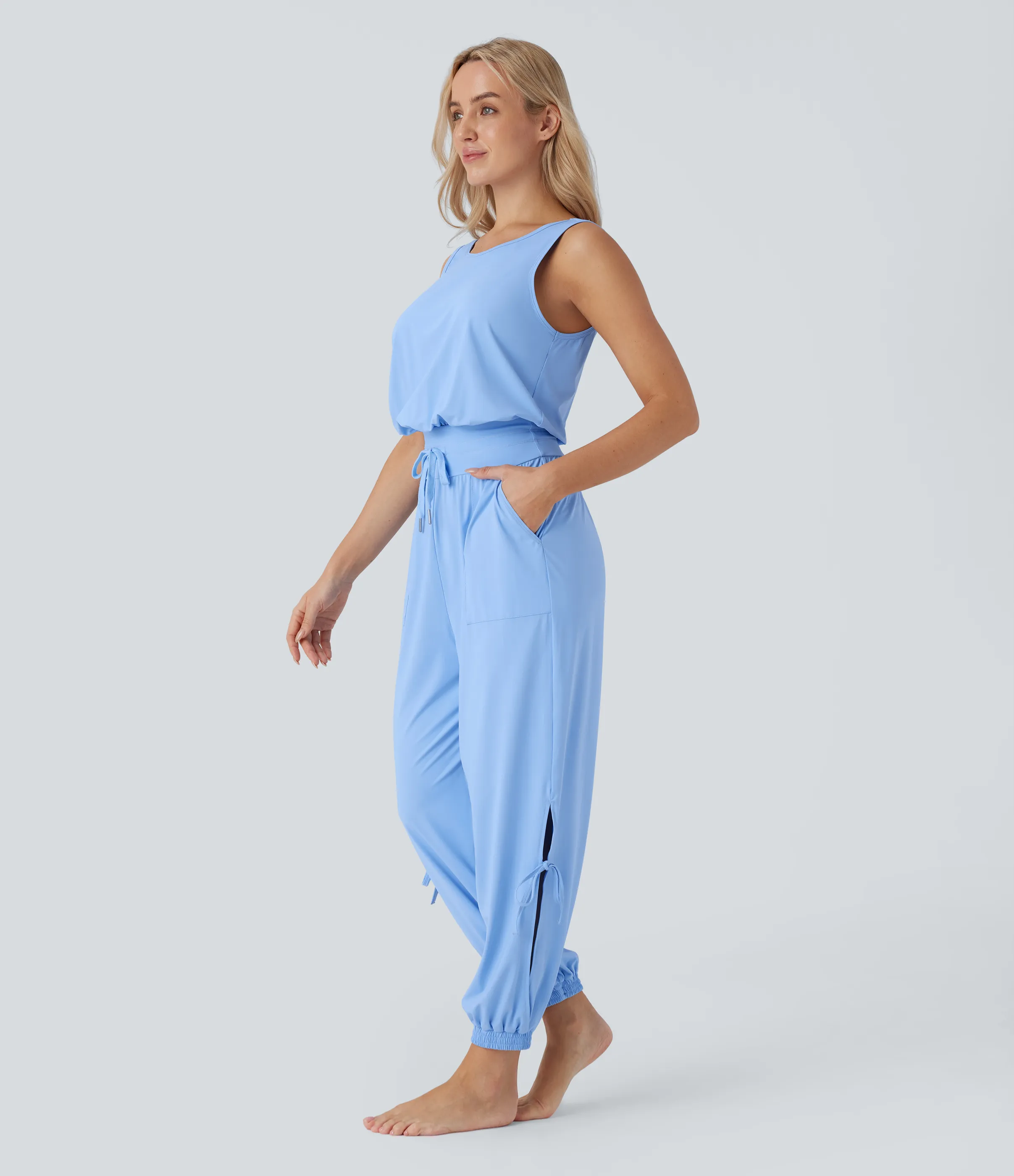 Halara Jumpsuit de yoga sin mangas con espalda descubierta, cordón ajustable y bolsillos laterales de tacto fresco - UPF50+ - Sky Blue - M(regular) sold by Halara product image thumbnail 4