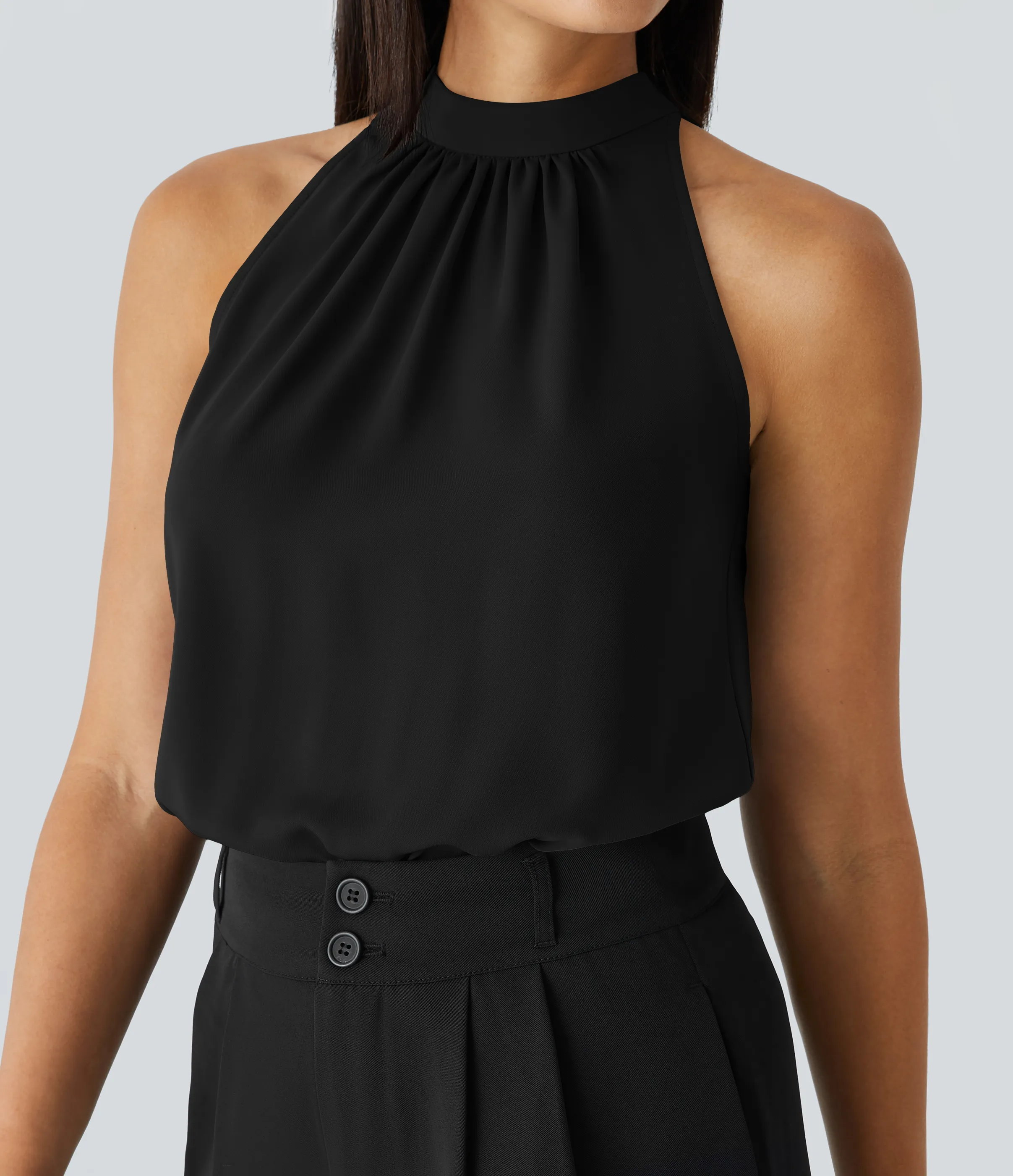 Halara Blusa oficina dobladillo curvado sin manga plisada abertura espalda halter - Black - S sold by Halara product image thumbnail 5
