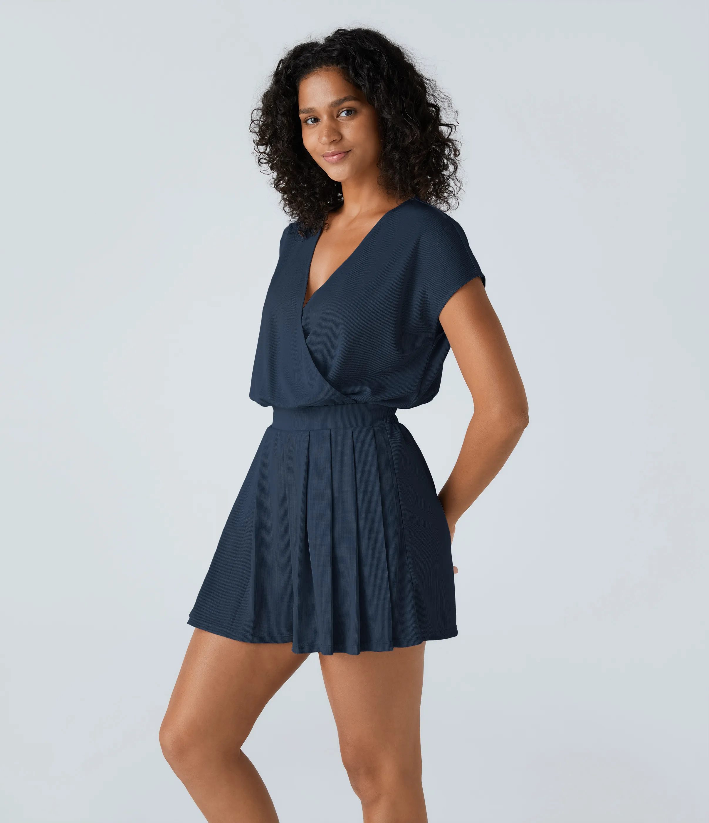 Halara Mono de manga corta casual con cuello en V y bolsillos laterales en tela gofre - Charm Ink Blue - M sold by Halara product image thumbnail 4