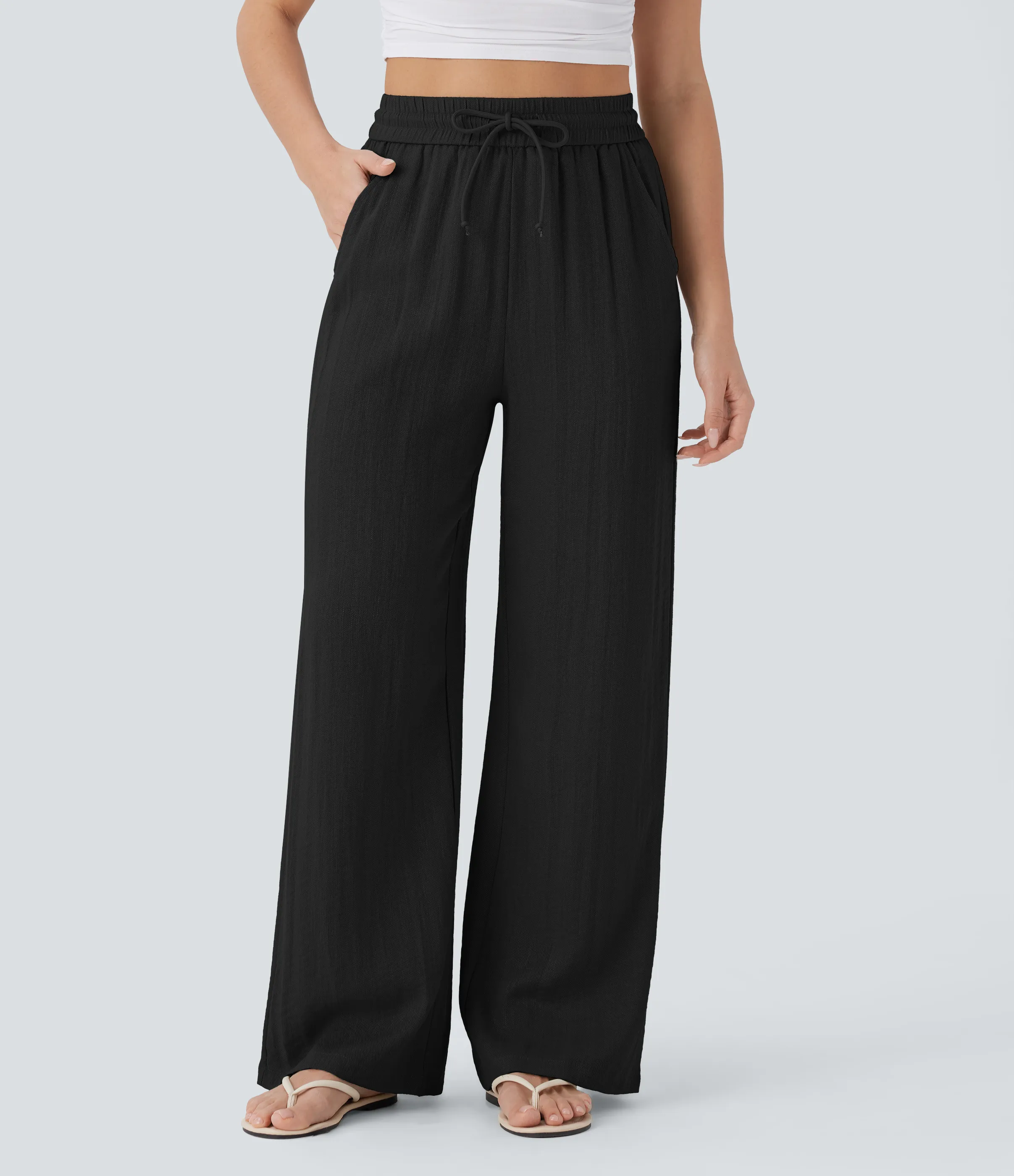 Halara Pantalón lino tiro alto cordón ajustable bolsillo lateral pierna ancha - Black - S(extall) sold by Halara product image thumbnail 2