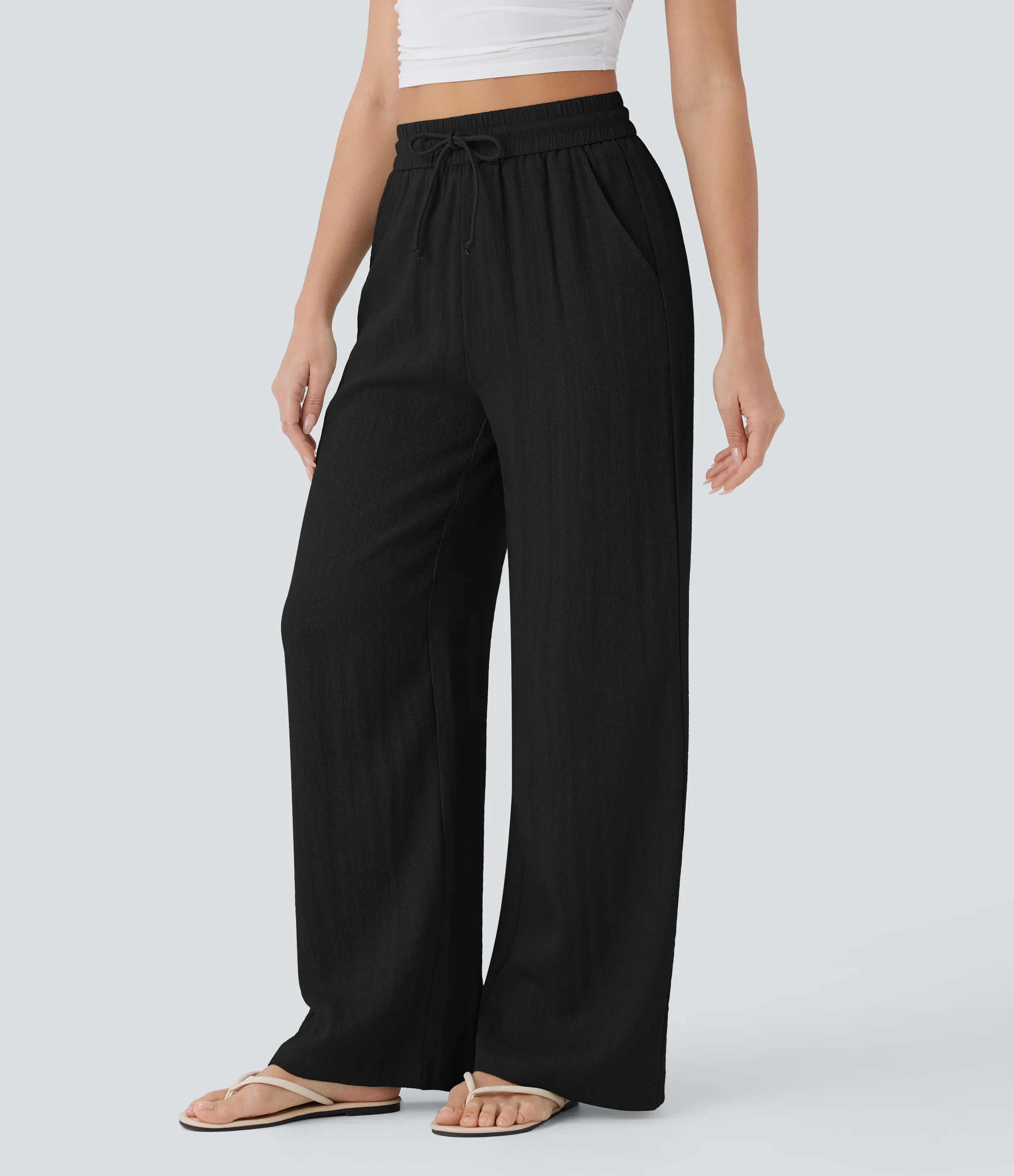 Halara Pantalón lino tiro alto cordón ajustable bolsillo lateral pierna ancha - Black - S(extall) sold by Halara product image thumbnail 4