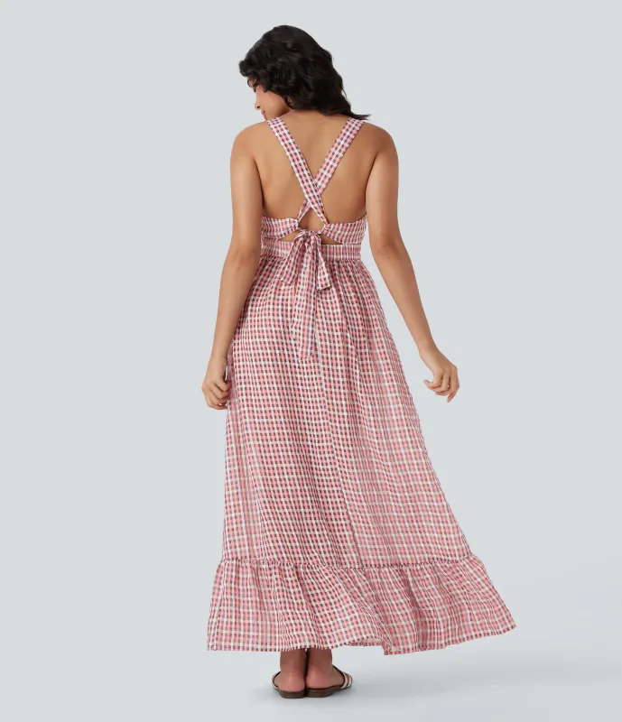 Halara Vestido maxi fluido cuadro sin espalda cierre invisible volante cremallera bajo - Pink White Gradient Plaid - M made by Halara