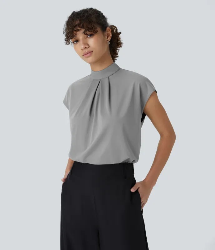 Halara Blusa oficina manga japonesa botón plisado cuello alto - Ultimate Gray - S made by Halara