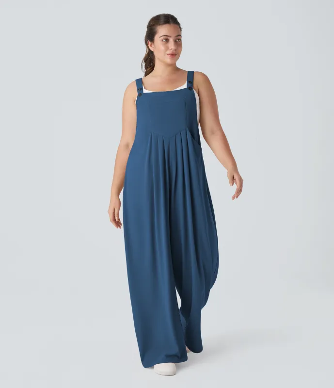 Halara Mono correa ajustable botón múltiple bolsillo plisado Gofre talla grande - Dark Blue - 2X made by Halara