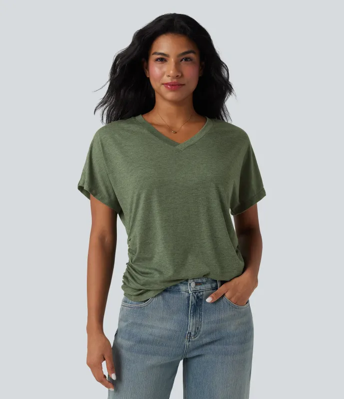 Halara Top casual holgado de manga corta con cuello en V y fruncido - Light Green Floral Yarn - M made by Halara