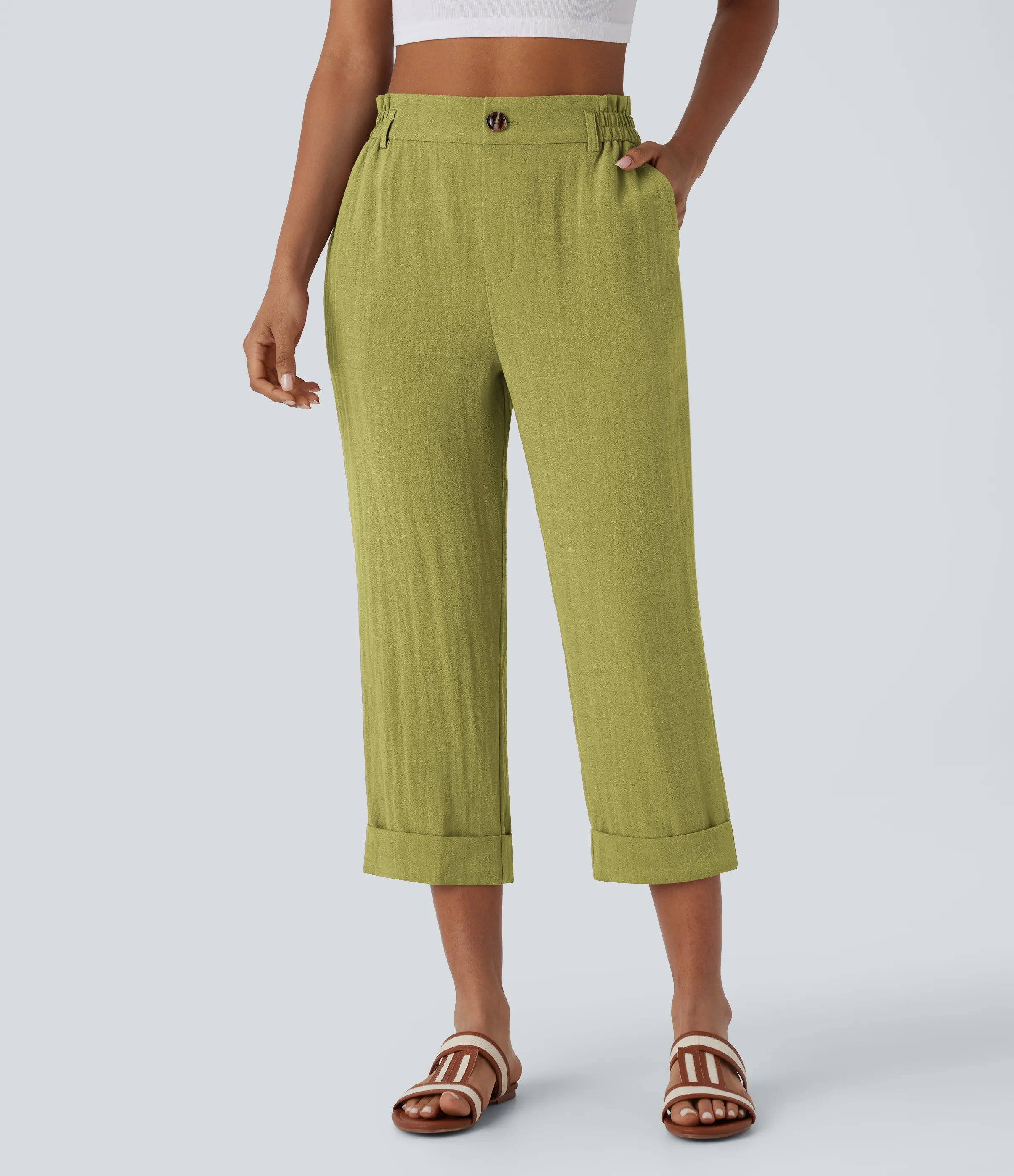 Halara Pantalón capri lino tiro alto bolsillo lateral cremallera botón - Moss - S(regular) sold by Halara product image thumbnail 4