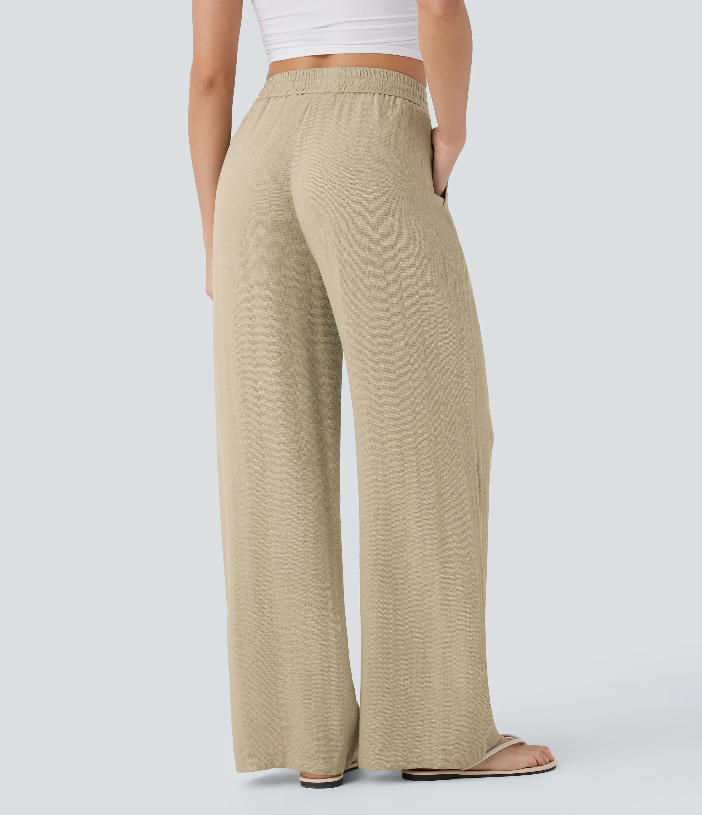 Halara Pantalón lino tiro alto cordón ajustable bolsillo lateral pierna ancha - Fields of Rye - M(tall) sold by Halara product image thumbnail 3