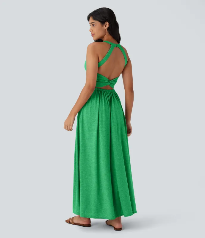 Halara Vestido largo playero fluido con abertura y bolsillos laterales y espalda abierta cruzada - Dewleaf Green - XL made by Halara