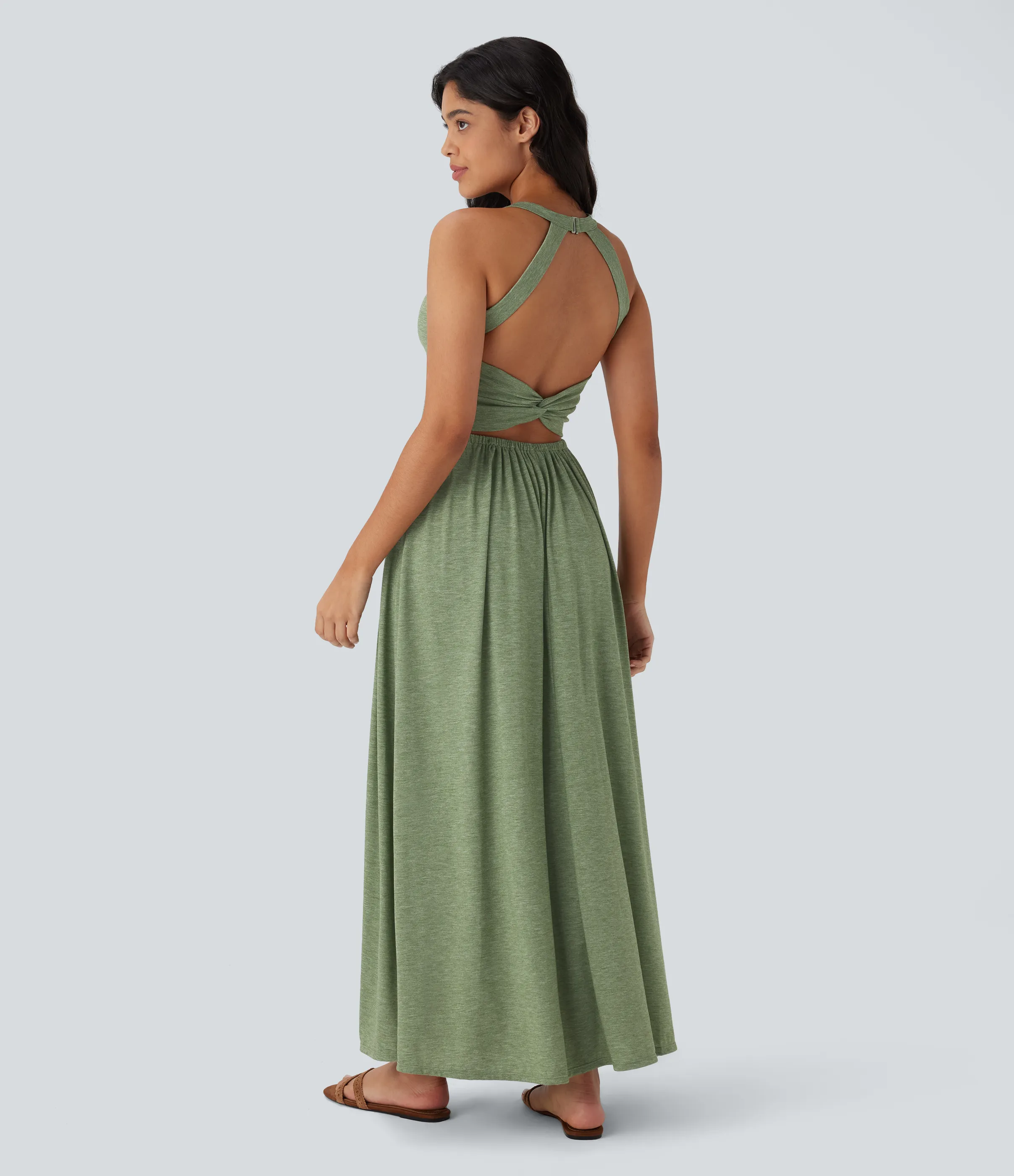 Halara Vestido largo playero fluido con abertura y bolsillos laterales y espalda abierta cruzada - Light Green Floral Yarn - M sold by Halara product image thumbnail 2