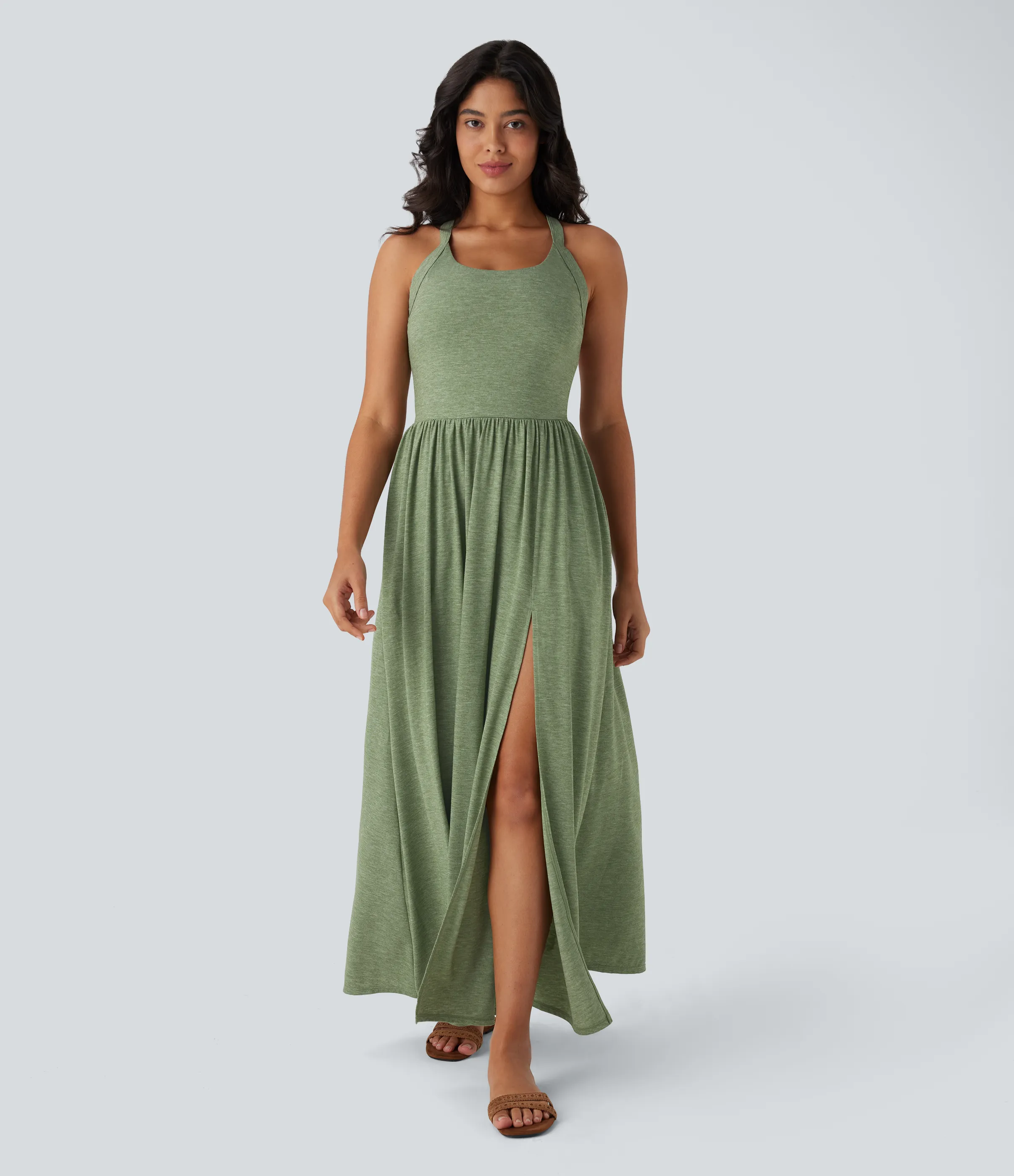 Halara Vestido largo playero fluido con abertura y bolsillos laterales y espalda abierta cruzada - Light Green Floral Yarn - M sold by Halara product image thumbnail 3