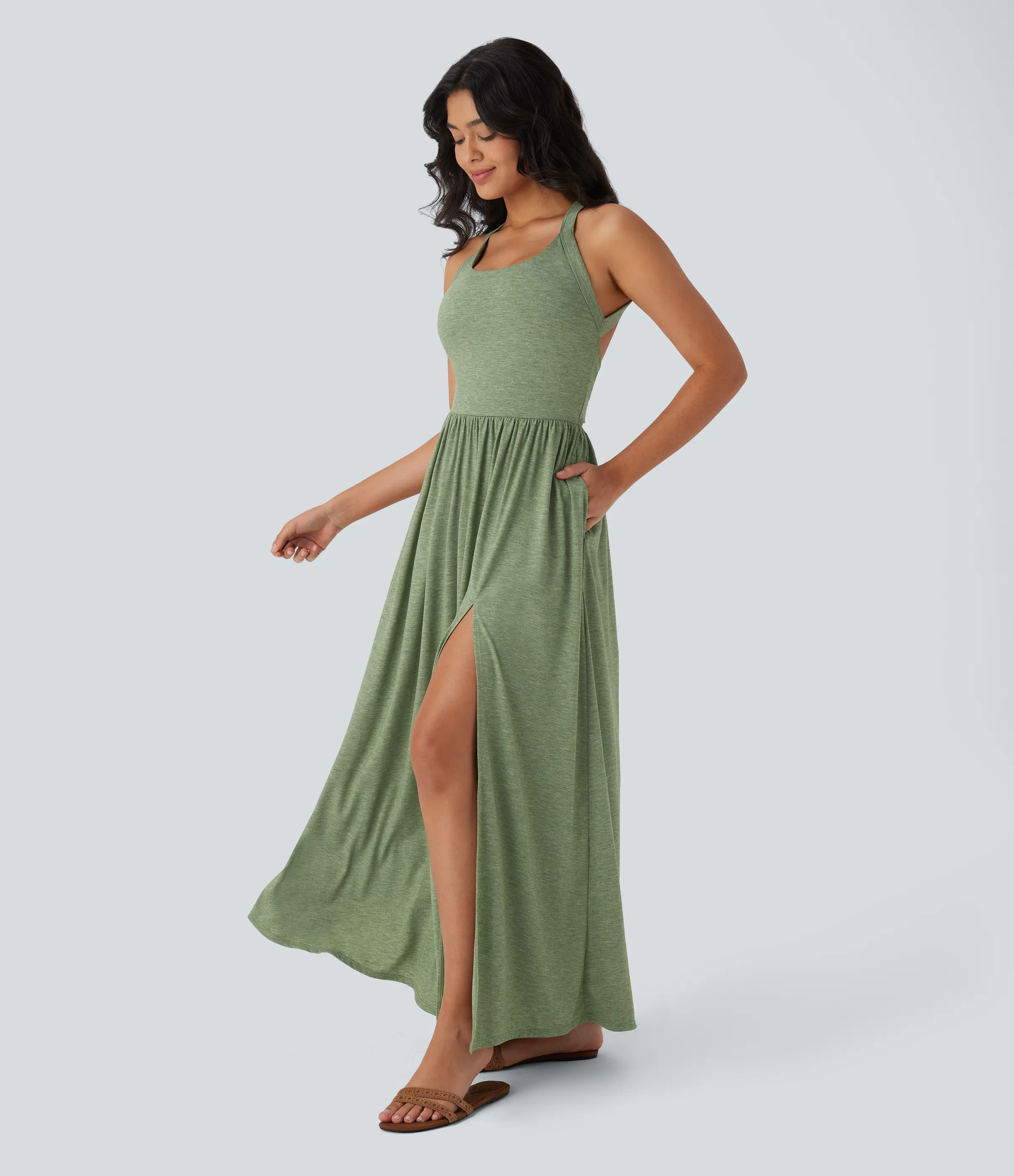 Halara Vestido largo playero fluido con abertura y bolsillos laterales y espalda abierta cruzada - Light Green Floral Yarn - M sold by Halara product image thumbnail 4