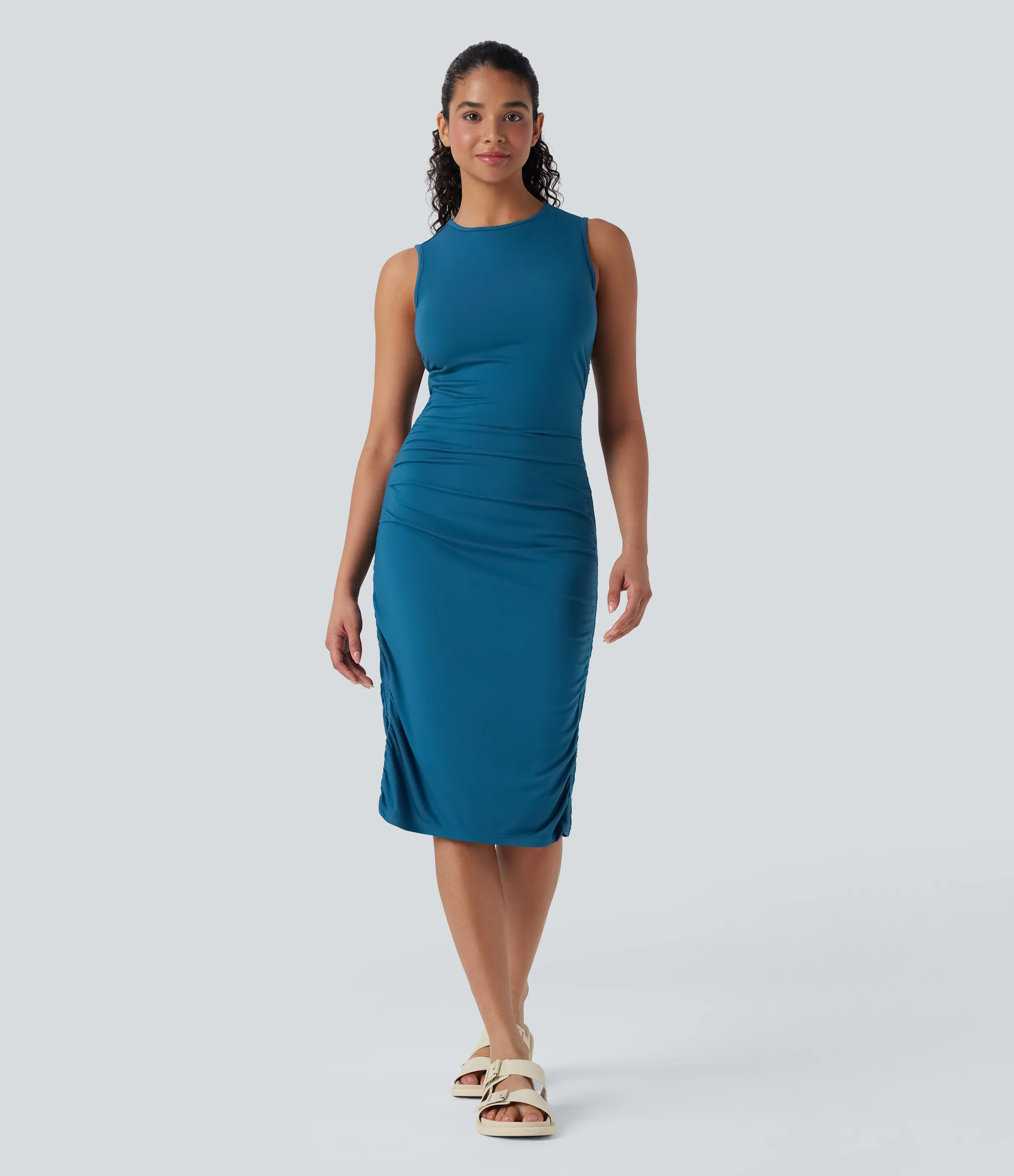 Halara Vestido ajustado casual fruncido sin mangas con cuello redondo - Oxford Blue - M sold by Halara