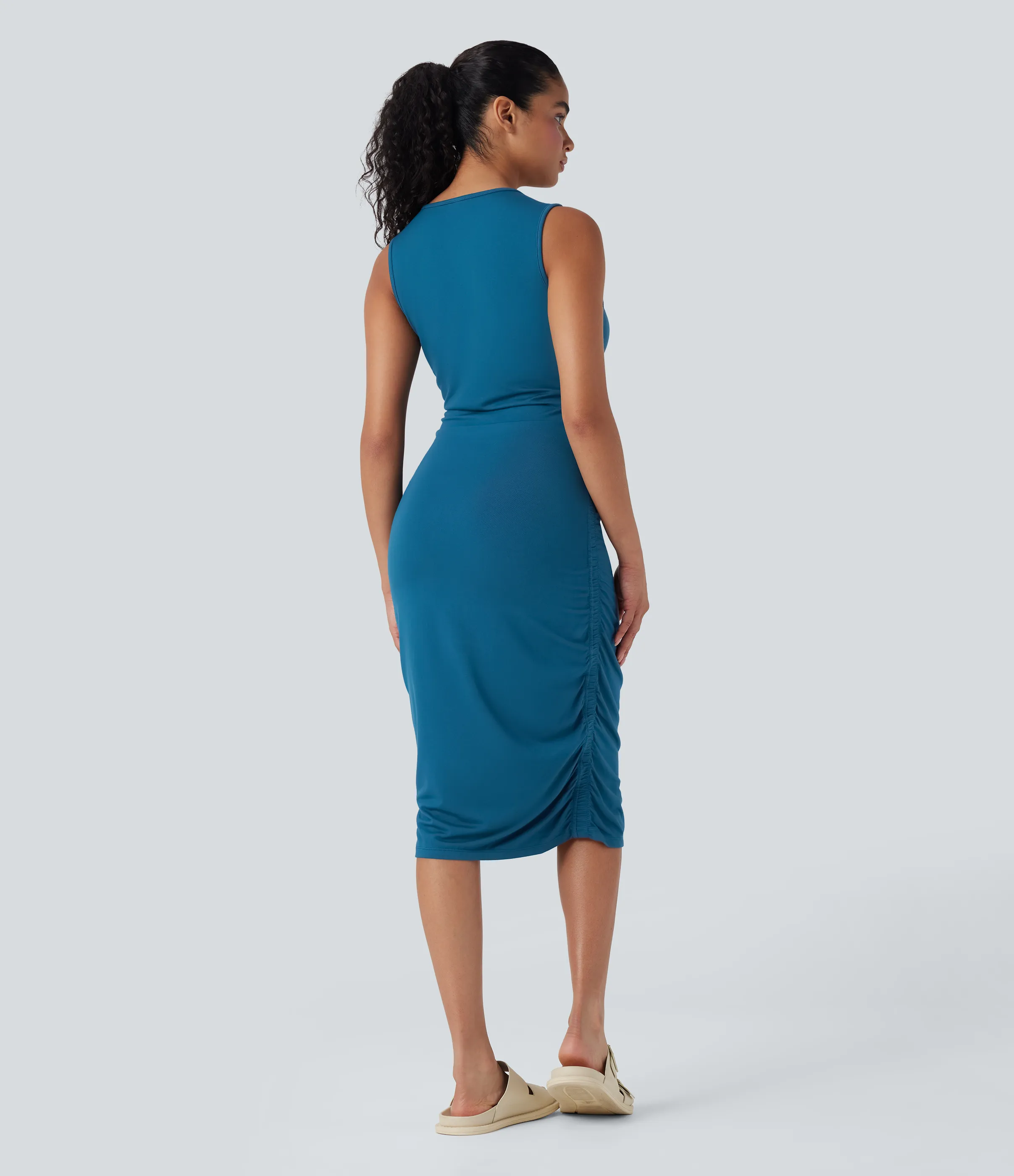 Halara Vestido ajustado casual fruncido sin mangas con cuello redondo - Oxford Blue - M sold by Halara product image thumbnail 3