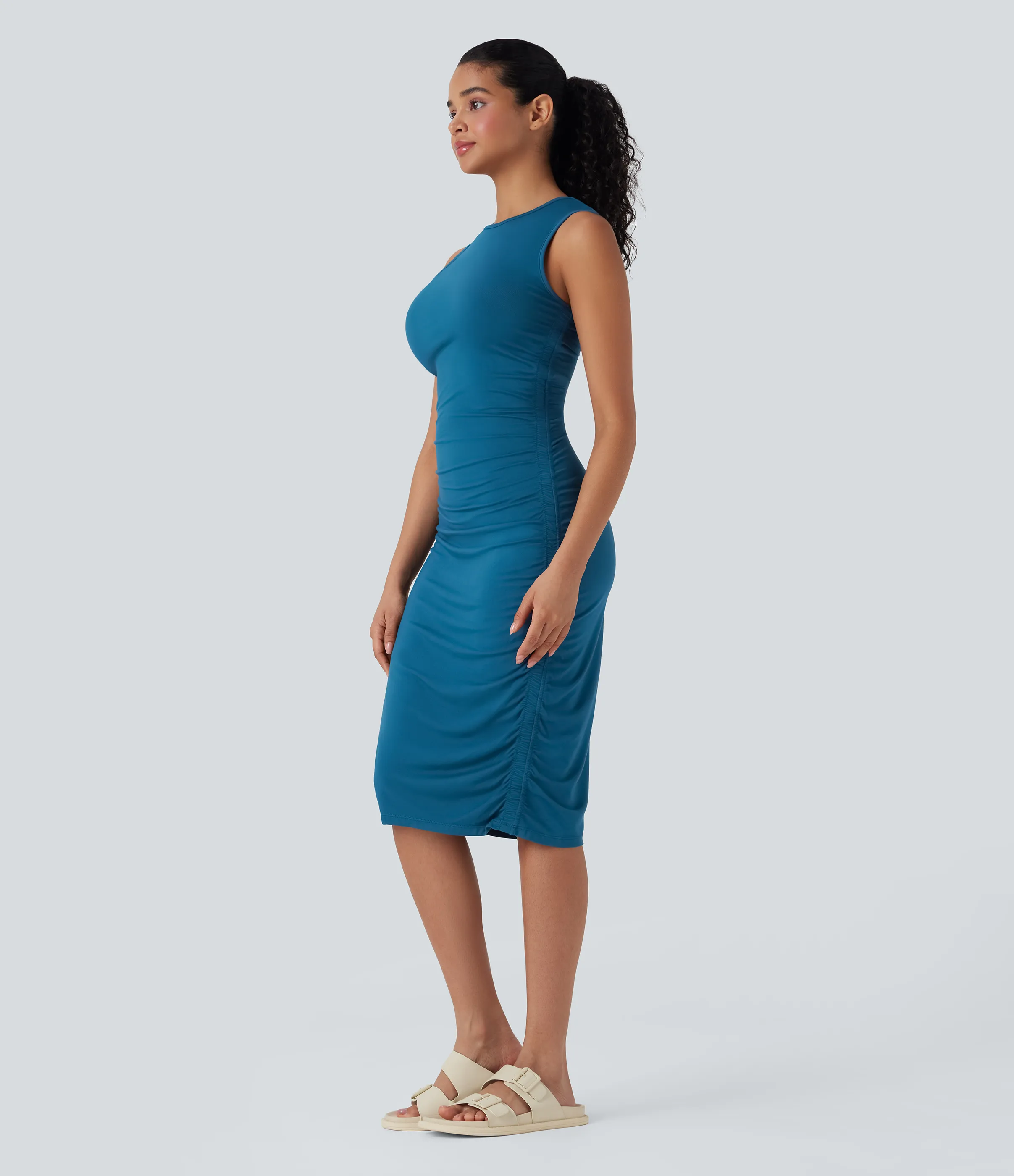 Halara Vestido ajustado casual fruncido sin mangas con cuello redondo - Oxford Blue - M sold by Halara product image thumbnail 4