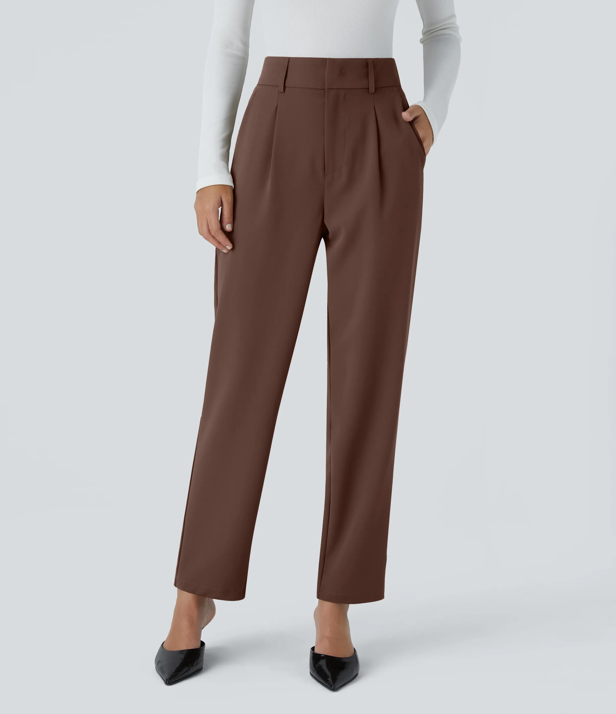 Halara Pantalón oficina ajustado tiro alto bolsillo lateral - Rocky Road - XS(petite) sold by Halara