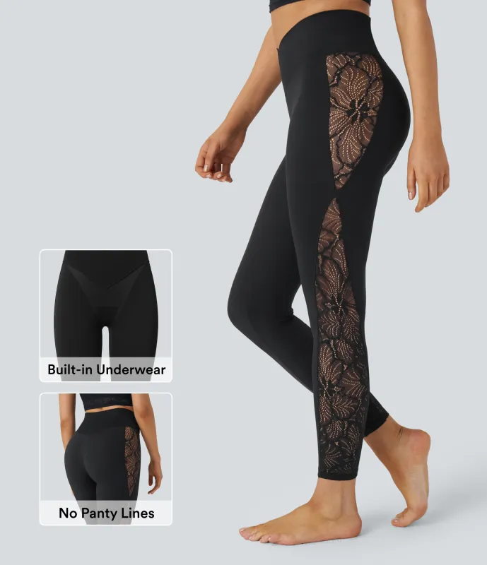 Halara Leggings de yoga Softlyzero™ de tiro alto con encaje en contraste integrado y bolsillo - UPF50+ - Black - M(7/8) made by Halara