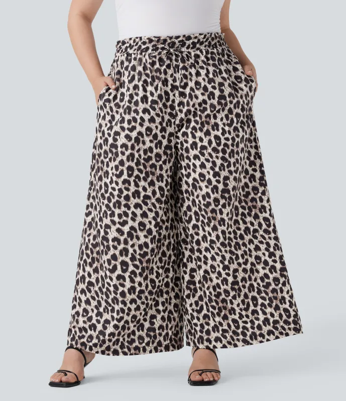 Halara Pantalón pierna ancha estampado leopardo tiro alto cordón ajustable talla grande bolsillo lateral - Gold Leopard Print - 1X(regular) made by Halara