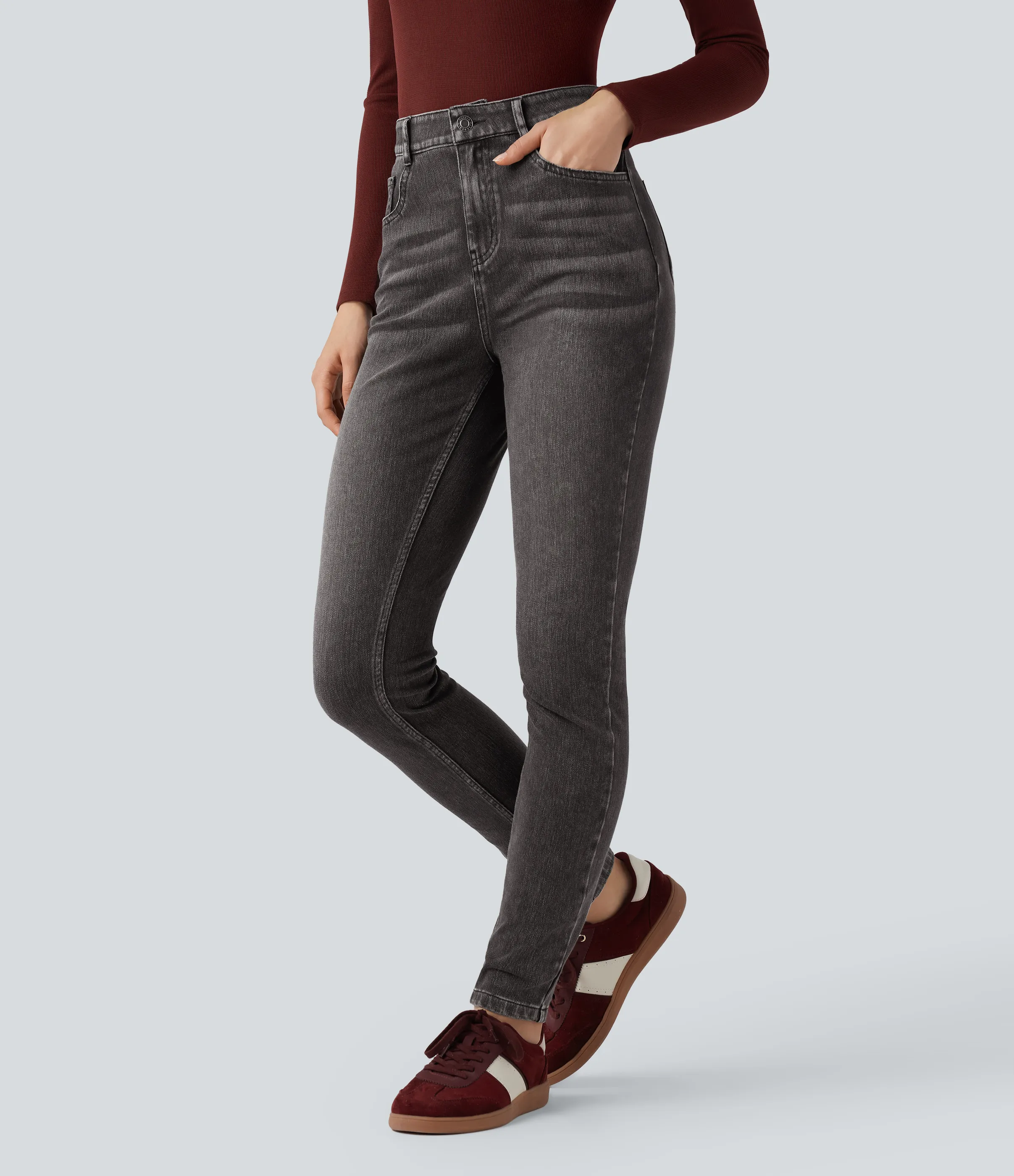 Halara Jeans ajustados casuales Halara Flex™ de tiro alto con bolsillos - Poppy Seed Denim - XS(petite) sold by Halara product image thumbnail 2