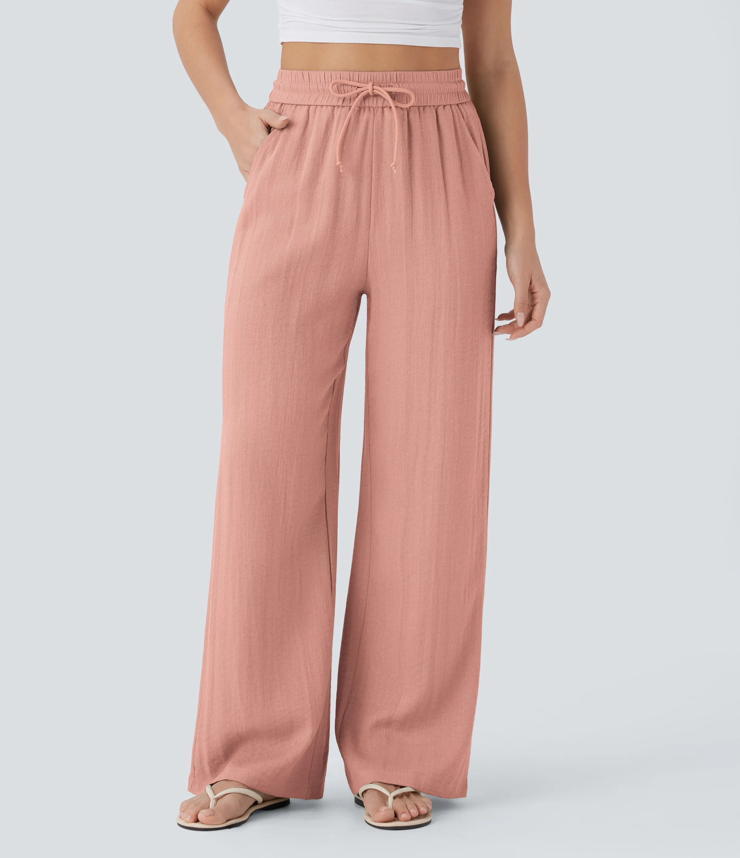 Halara Pantalón lino tiro alto cordón ajustable bolsillo lateral pierna ancha - Mineral Red - XS(regular) sold by Halara