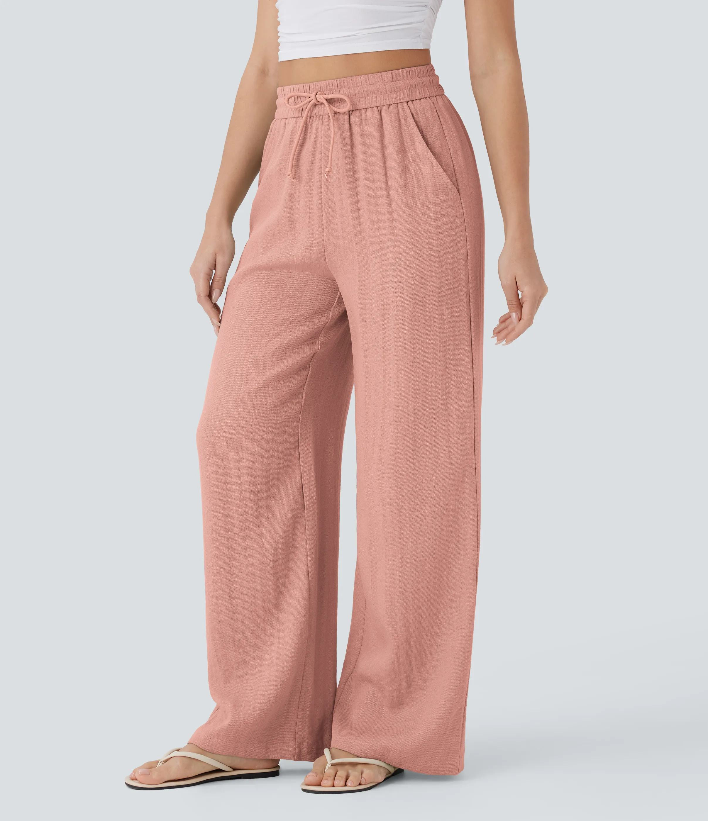 Halara Pantalón lino tiro alto cordón ajustable bolsillo lateral pierna ancha - Mineral Red - XS(regular) sold by Halara product image thumbnail 4