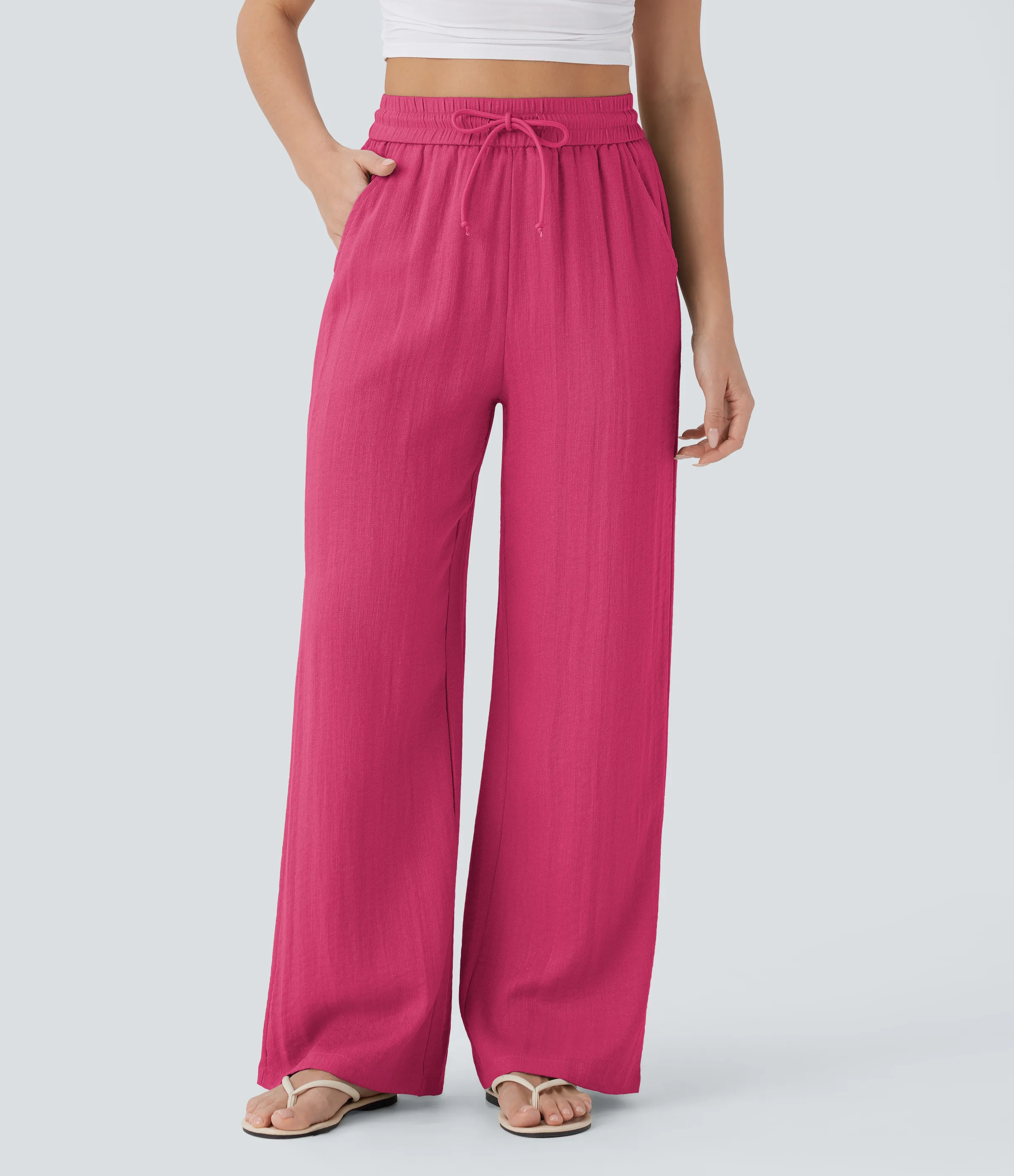 Halara Pantalón lino tiro alto cordón ajustable bolsillo lateral pierna ancha - Raspberry Sorbet - L(regular) sold by Halara