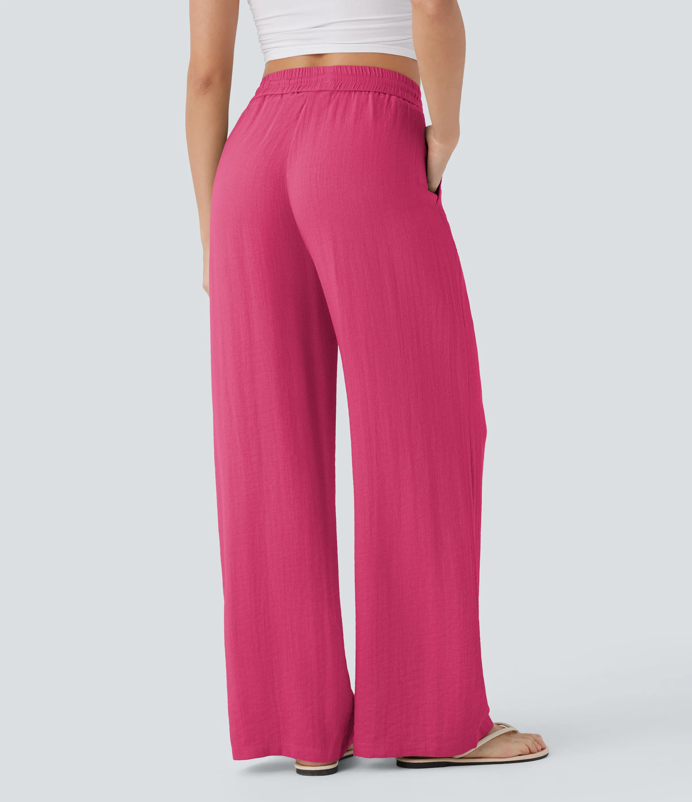 Halara Pantalón lino tiro alto cordón ajustable bolsillo lateral pierna ancha - Raspberry Sorbet - L(regular) sold by Halara product image thumbnail 3