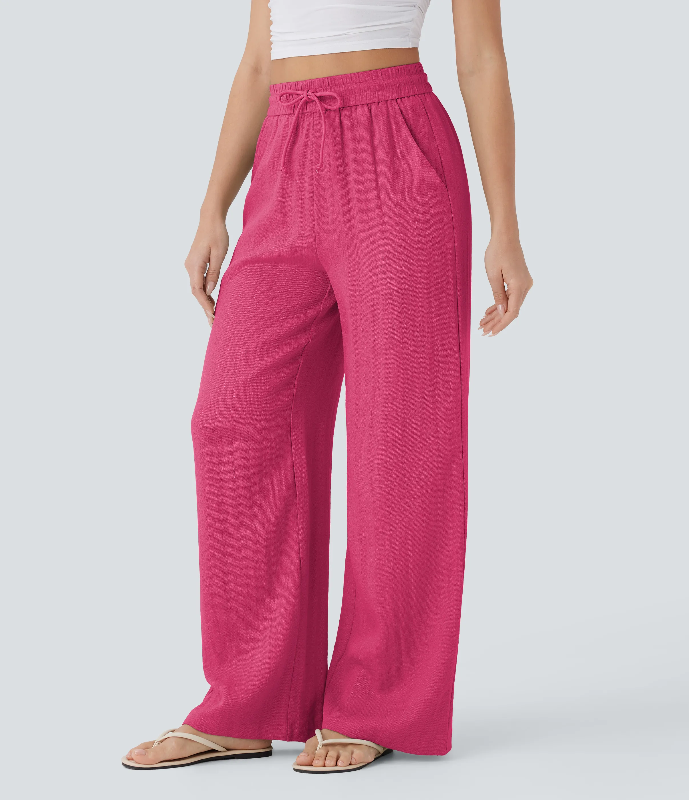 Halara Pantalón lino tiro alto cordón ajustable bolsillo lateral pierna ancha - Raspberry Sorbet - L(regular) sold by Halara product image thumbnail 4