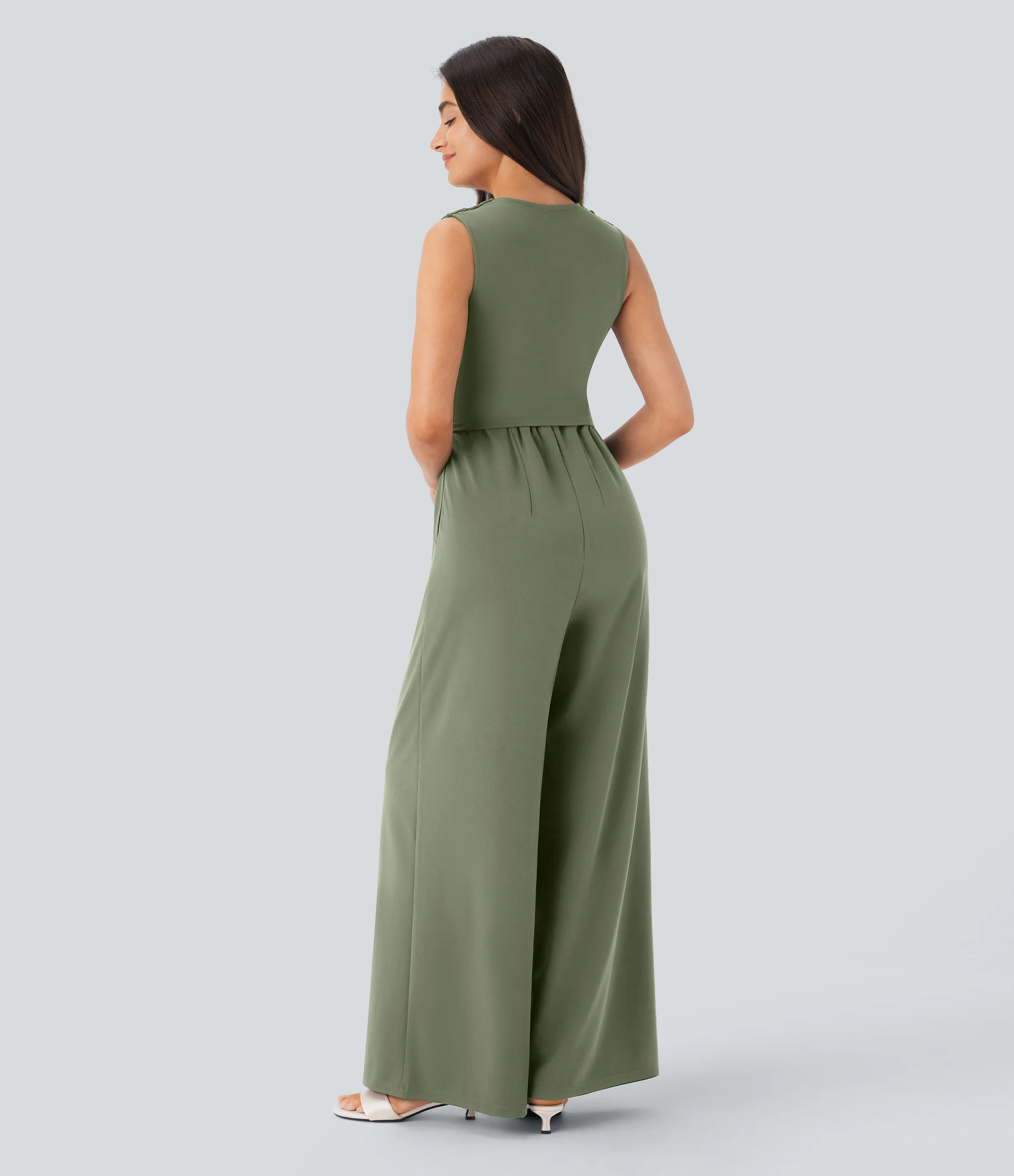 Halara Mono fiesta cuello V sin mangas fruncido lateral cremallera invisible - Easy Peezy - Oil Green - M(petite) sold by Halara product image thumbnail 3