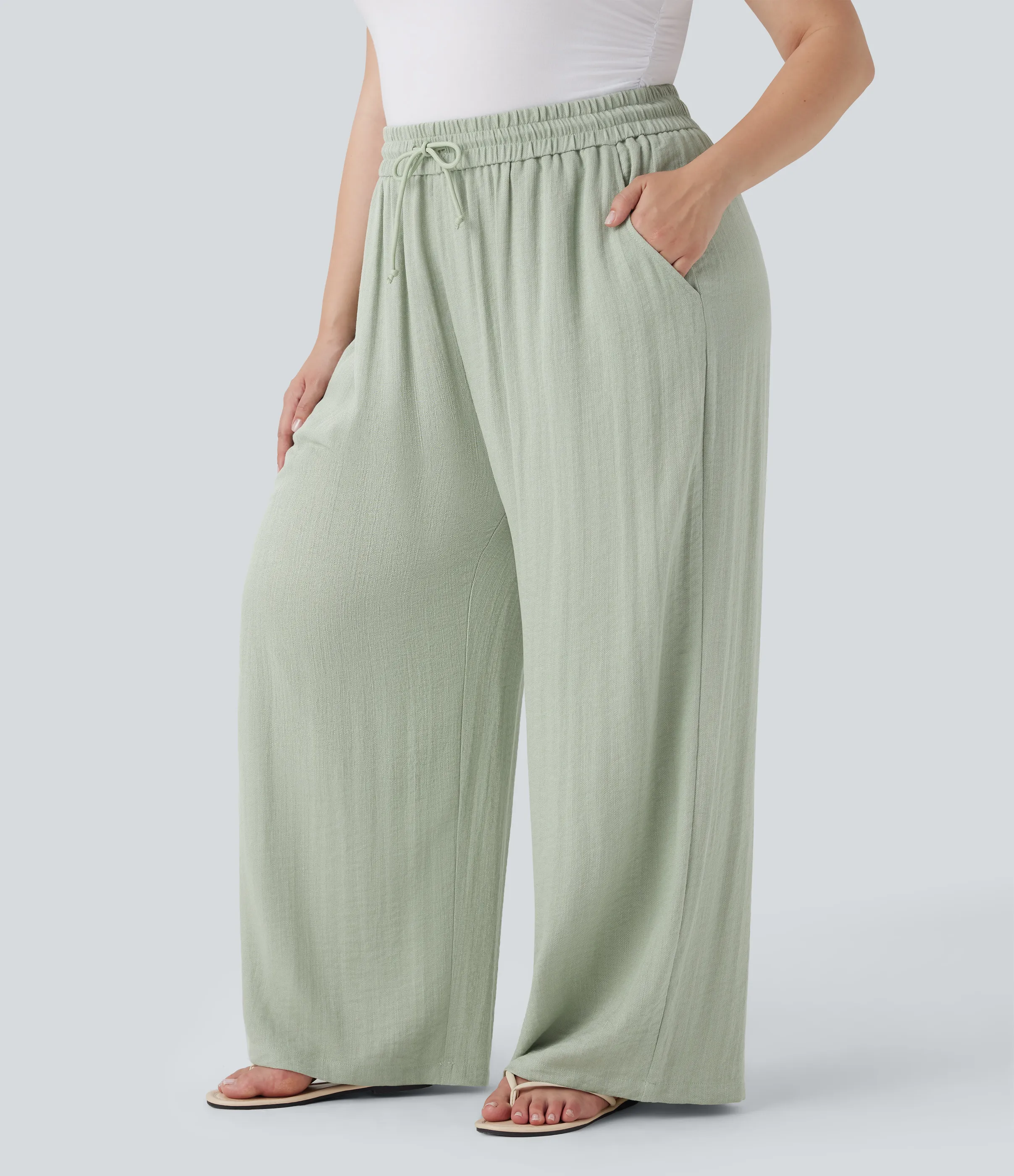 Halara Pantalón lino tiro alto cordón ajustable pierna ancha bolsillo talla grande - Thin Mint - Seafoam - 2X(petite) sold by Halara product image thumbnail 4