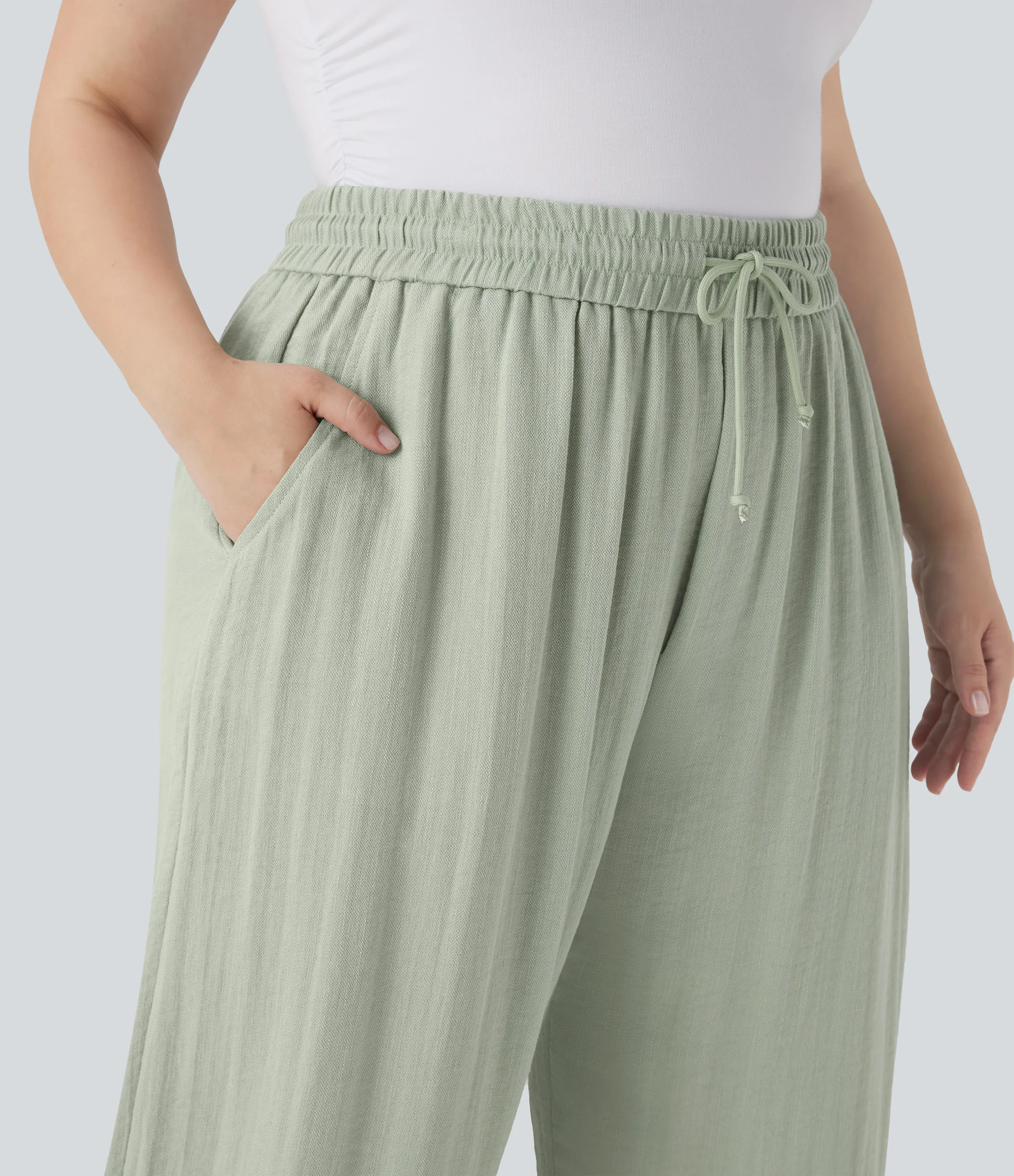 Halara Pantalón lino tiro alto cordón ajustable pierna ancha bolsillo talla grande - Thin Mint - Seafoam - 2X(petite) sold by Halara product image thumbnail 5