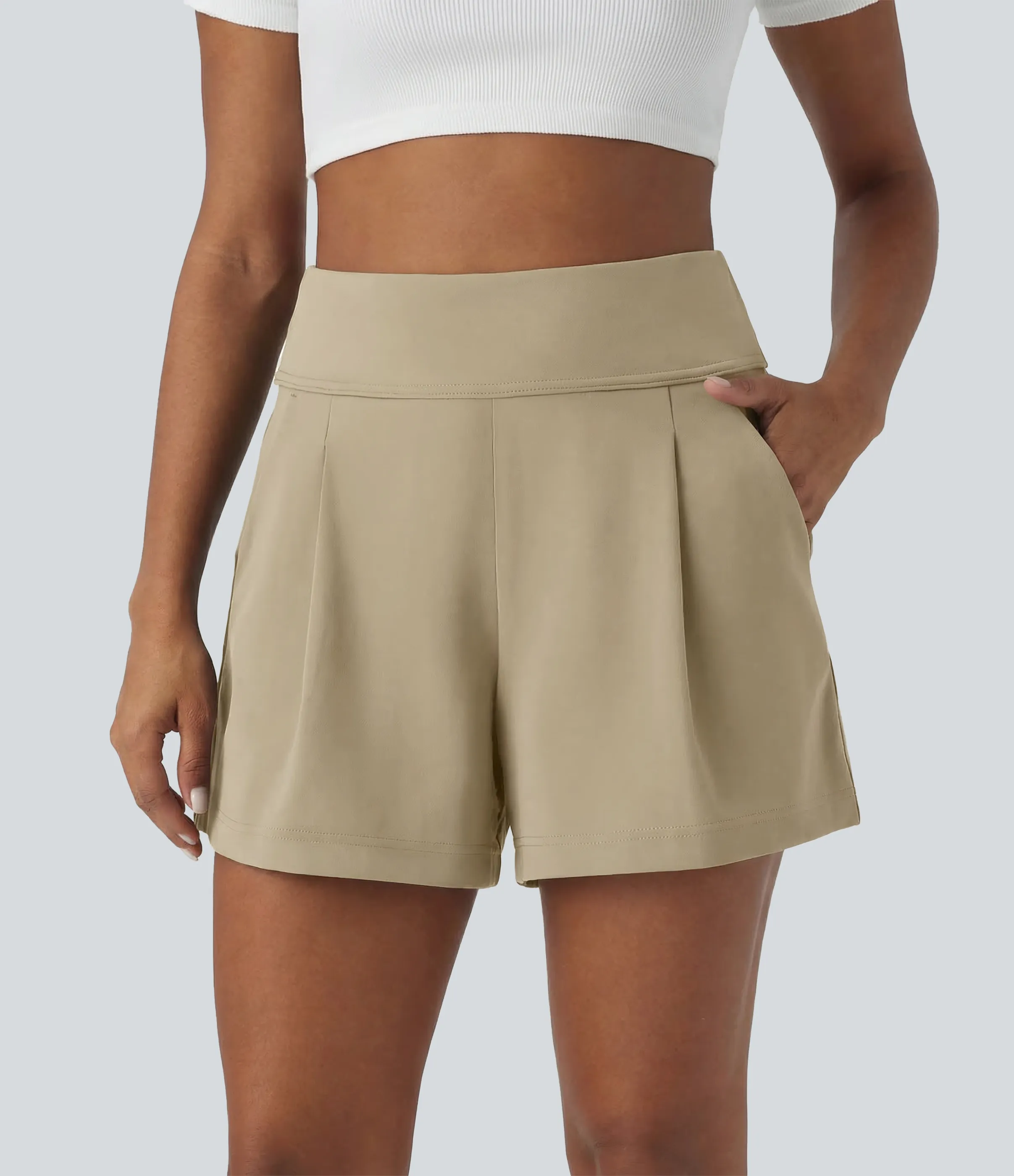 Halara Pantalón oficina pierna ancha bolsillo lateral plisado tiro alto - Fields of Rye - XS sold by Halara