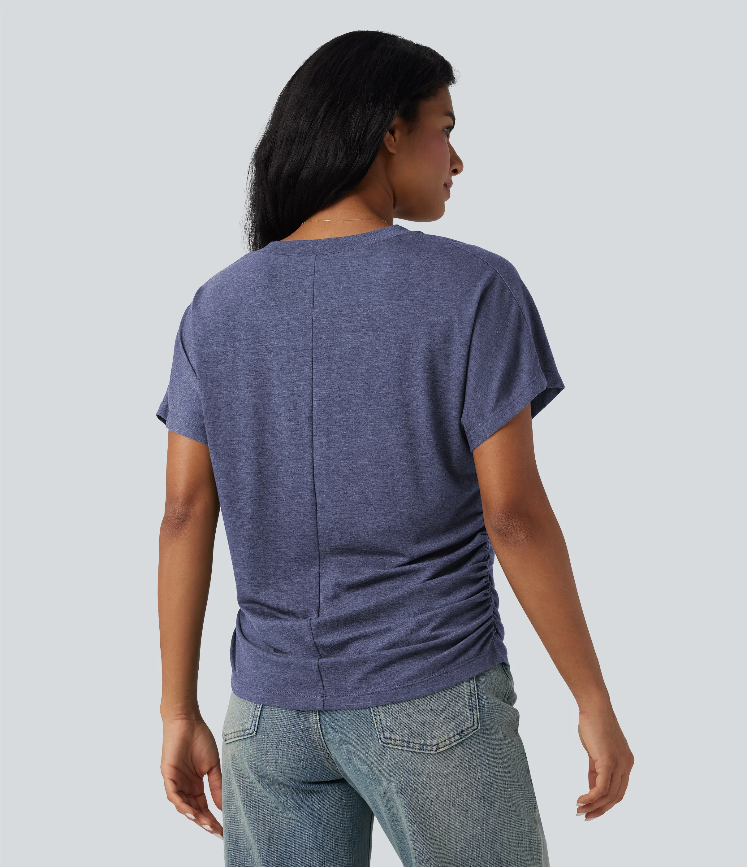 Halara Top casual holgado de manga corta con cuello en V y fruncido - Gray Blue - L sold by Halara product image thumbnail 3