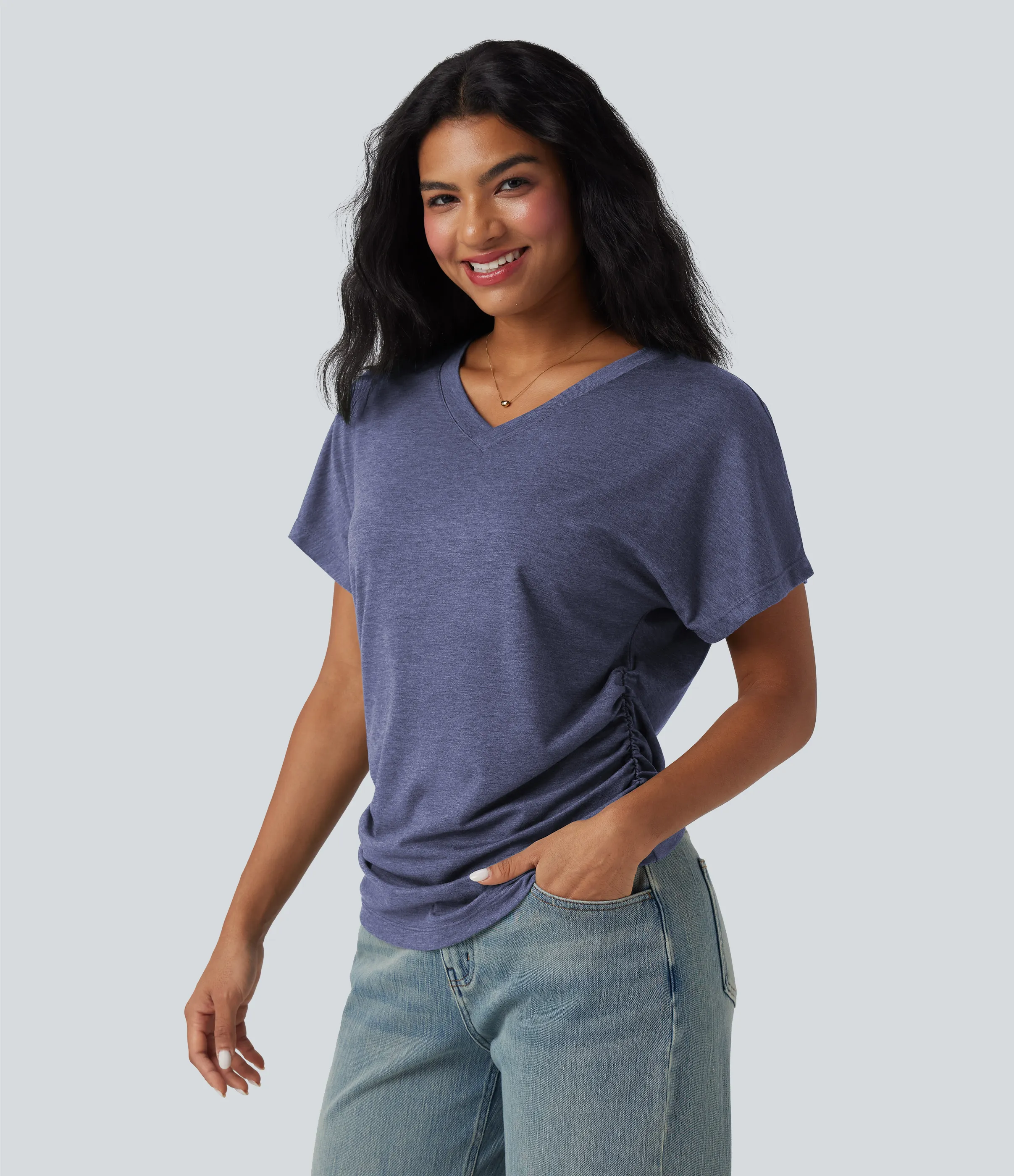 Halara Top casual holgado de manga corta con cuello en V y fruncido - Gray Blue - L sold by Halara product image thumbnail 4