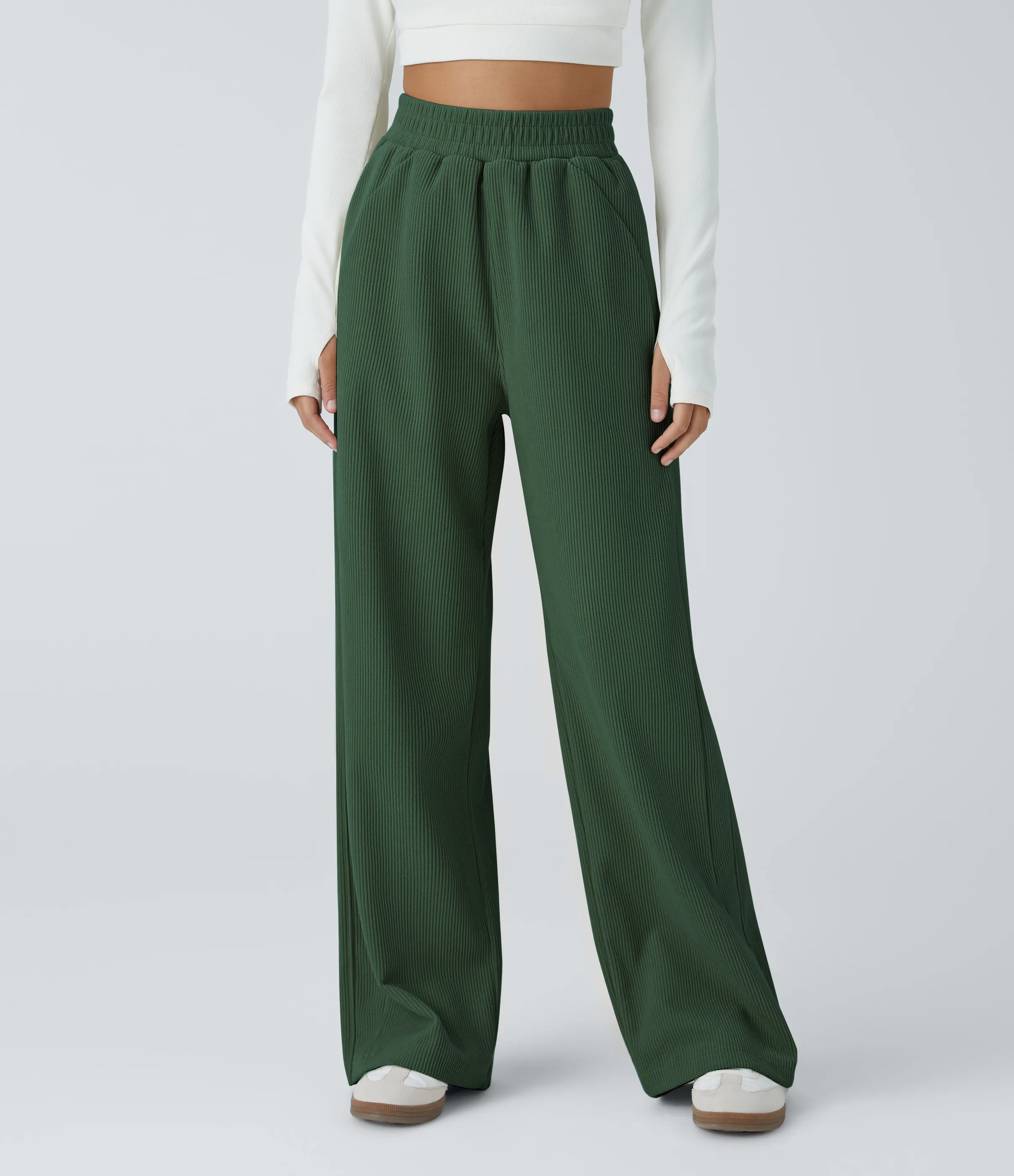 Halara Pantalón pana tiro alto bolsillo lateral pierna recta - Greener Pastures - L(petite) sold by Halara